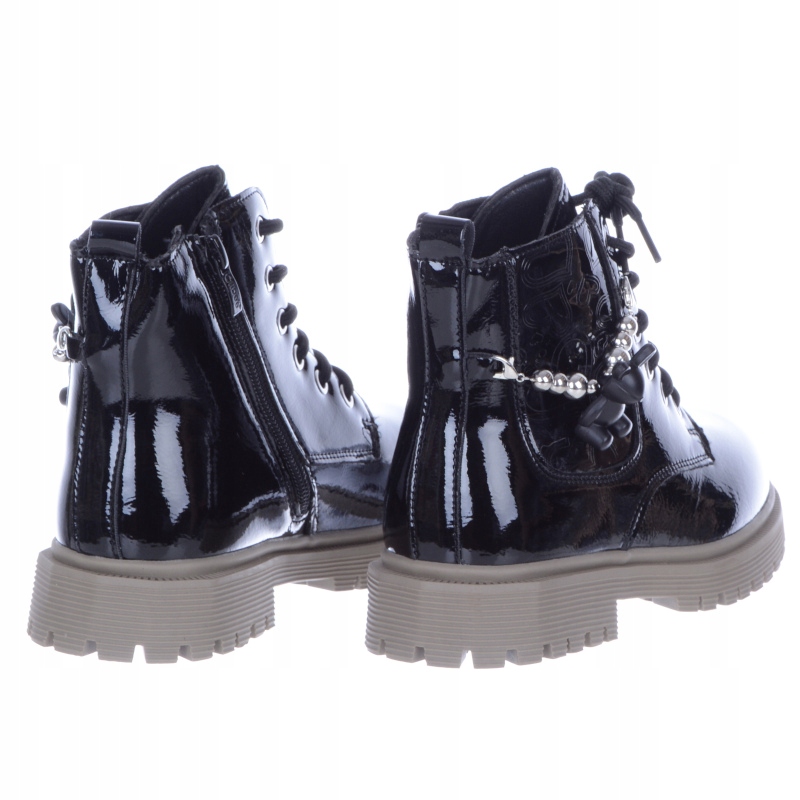 Czarne Lakierowane Ocieplane Dziewczęce Botki Kozaczki Wiązane z Ozdobą 30 Płeć dziewczynki