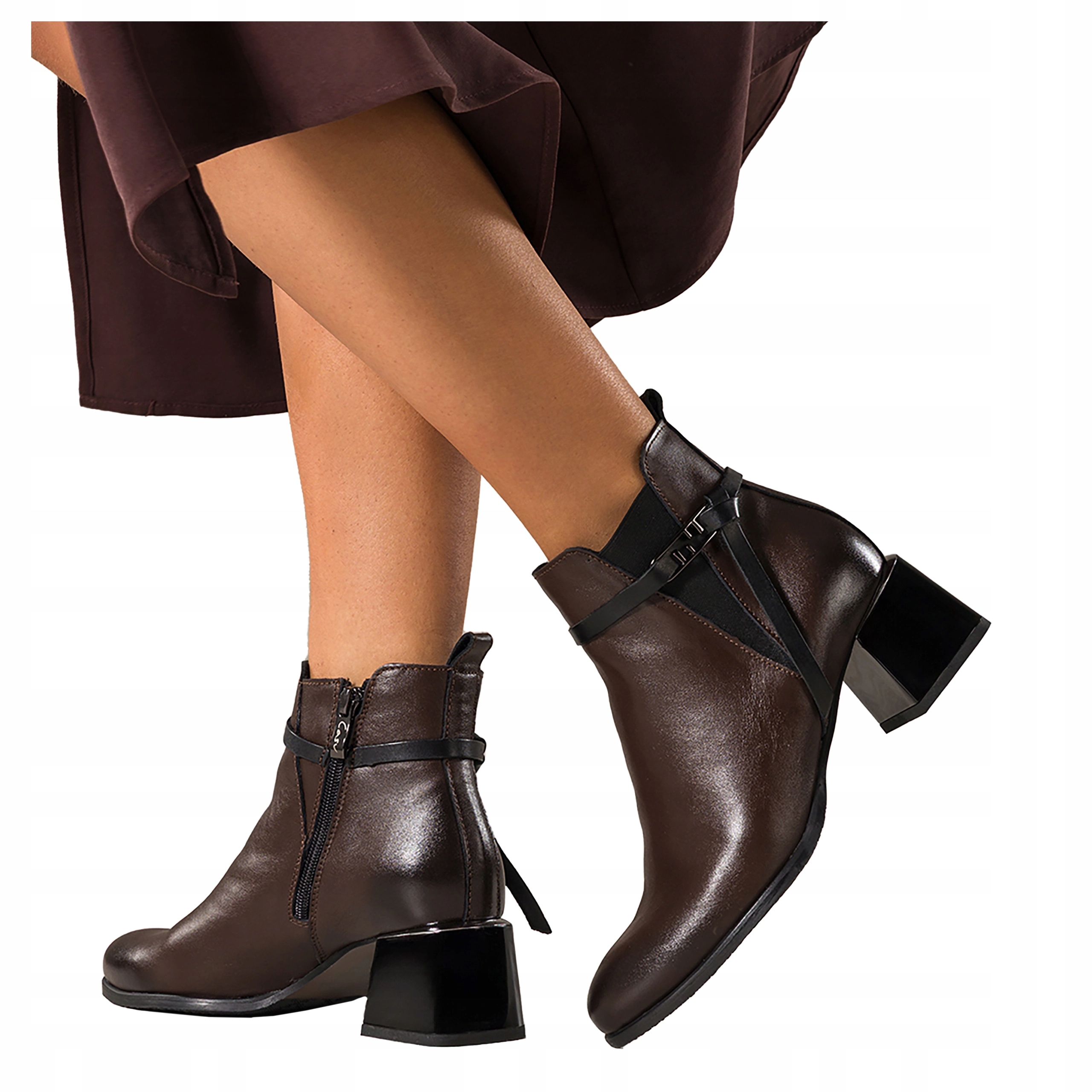 Čokoládové dámské kotníkové boty Kožené Ozdobné Podpatky Pohodlné S Ozdobami r 39