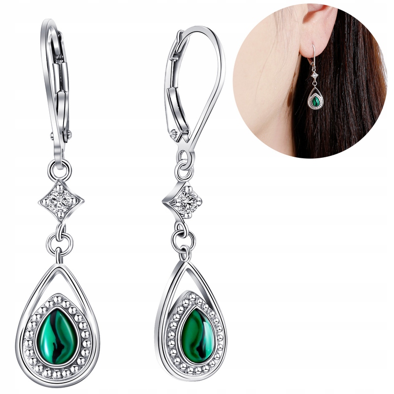 Stříbrné náušnice s malachitem, dlouhé, závěsné, pro ženu stříbro o ryzosti 925