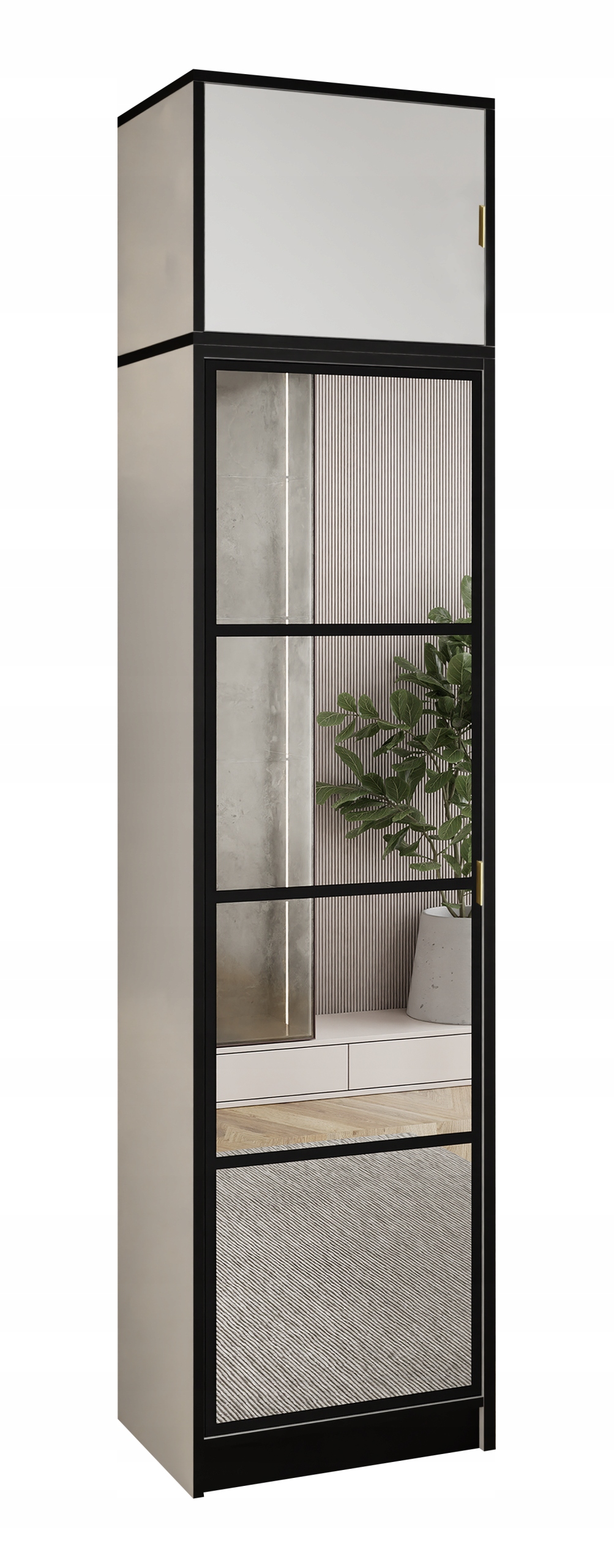 Skříň Lumi 54 1D Bílá se zrcadlem Eden, zlatý úchyt s nástavcem