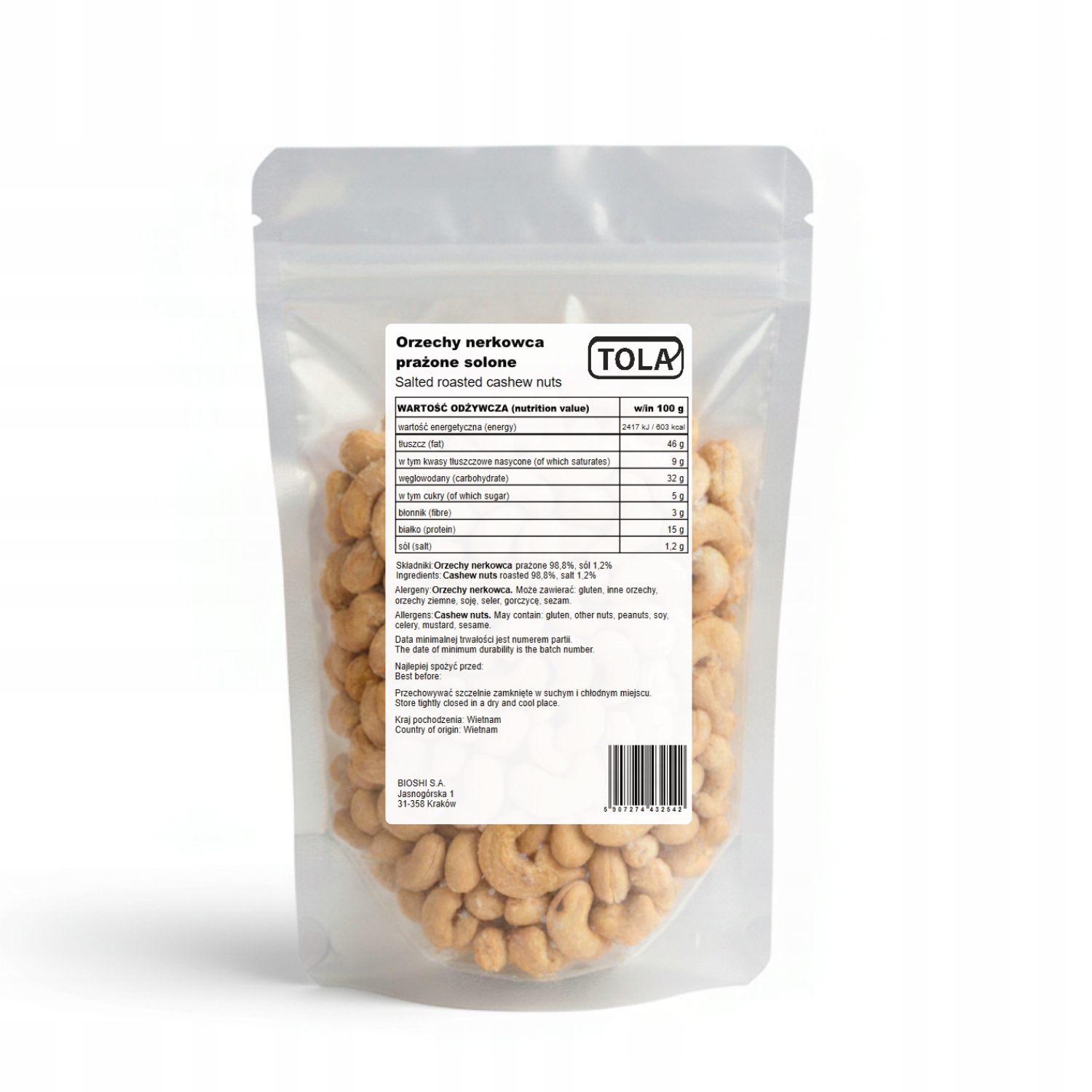 Levně Kešu ořechy pražené solené 2 kg – jednoduché složení, vysoká kvalita Tola