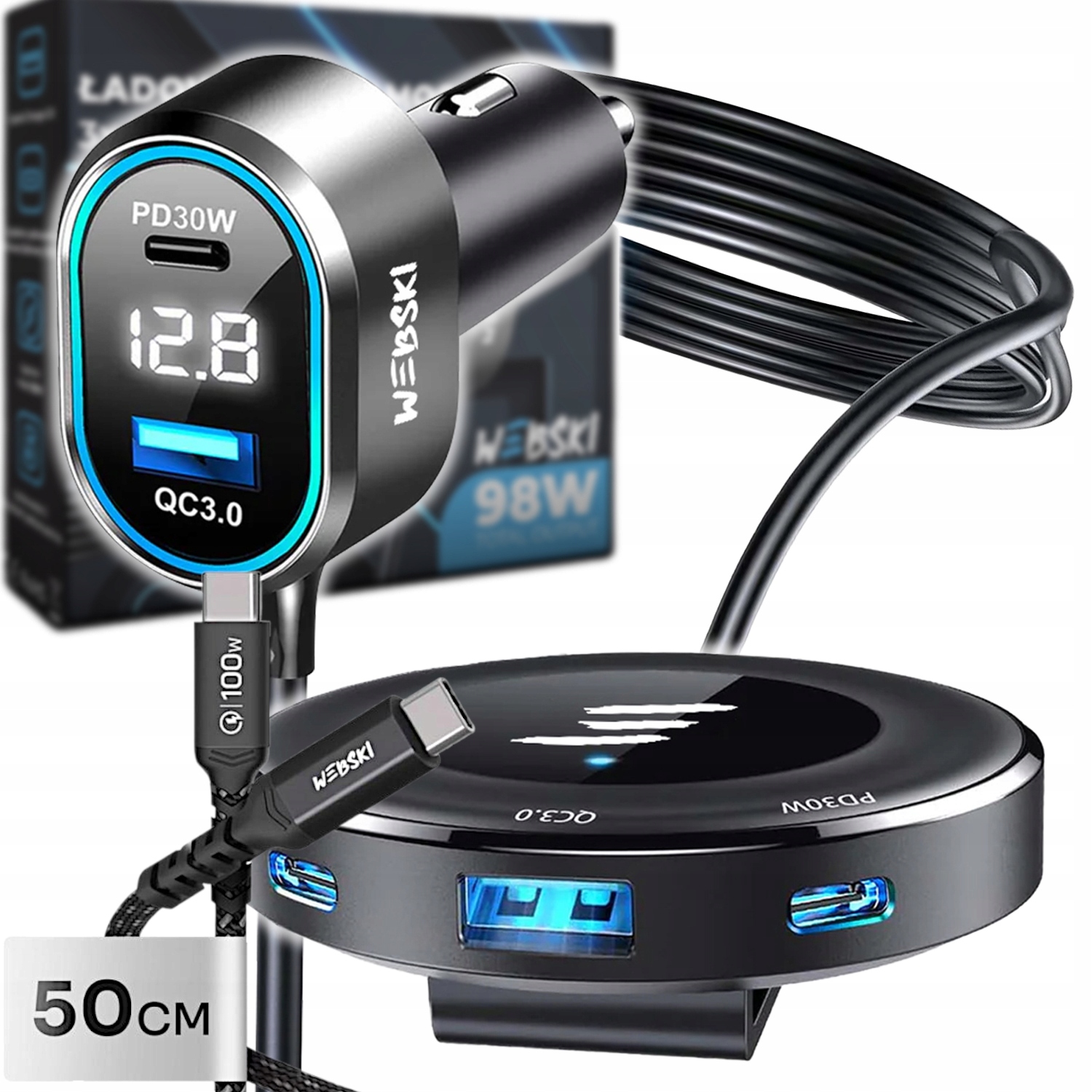 Extra Silná Automobilová Autonabíječka S Klipem 98W 2xUSB 3xUSB-C 50CM Kabel