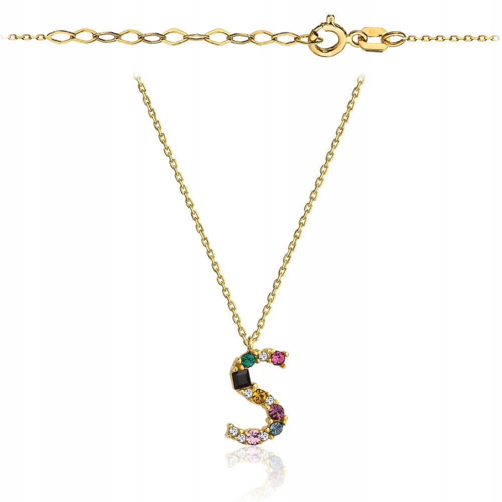 Zlatý náhrdelník 585 14k s písmenem S a barevnými kameny 1.47 g