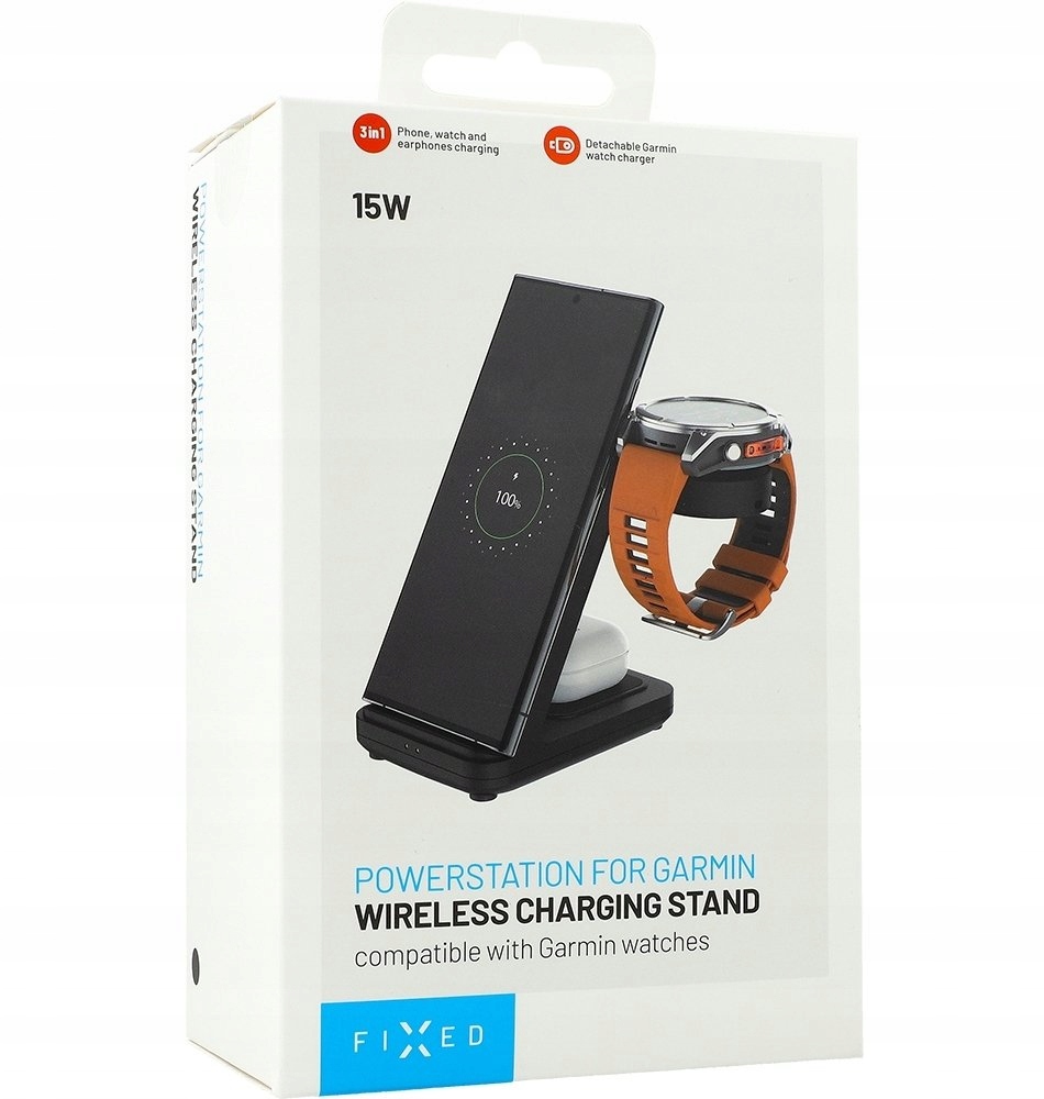Fixed 3-in-1 wireless charging station for Garmin watch, black