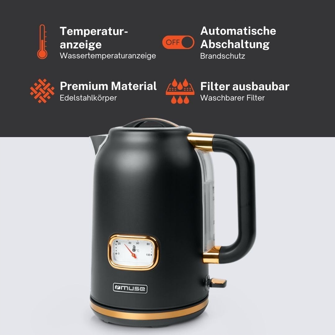 MUSE Retro Czajnik Elektryczny Stalowy 1,7L Analogowy Termometr Filtr Czarn — miniatura 3