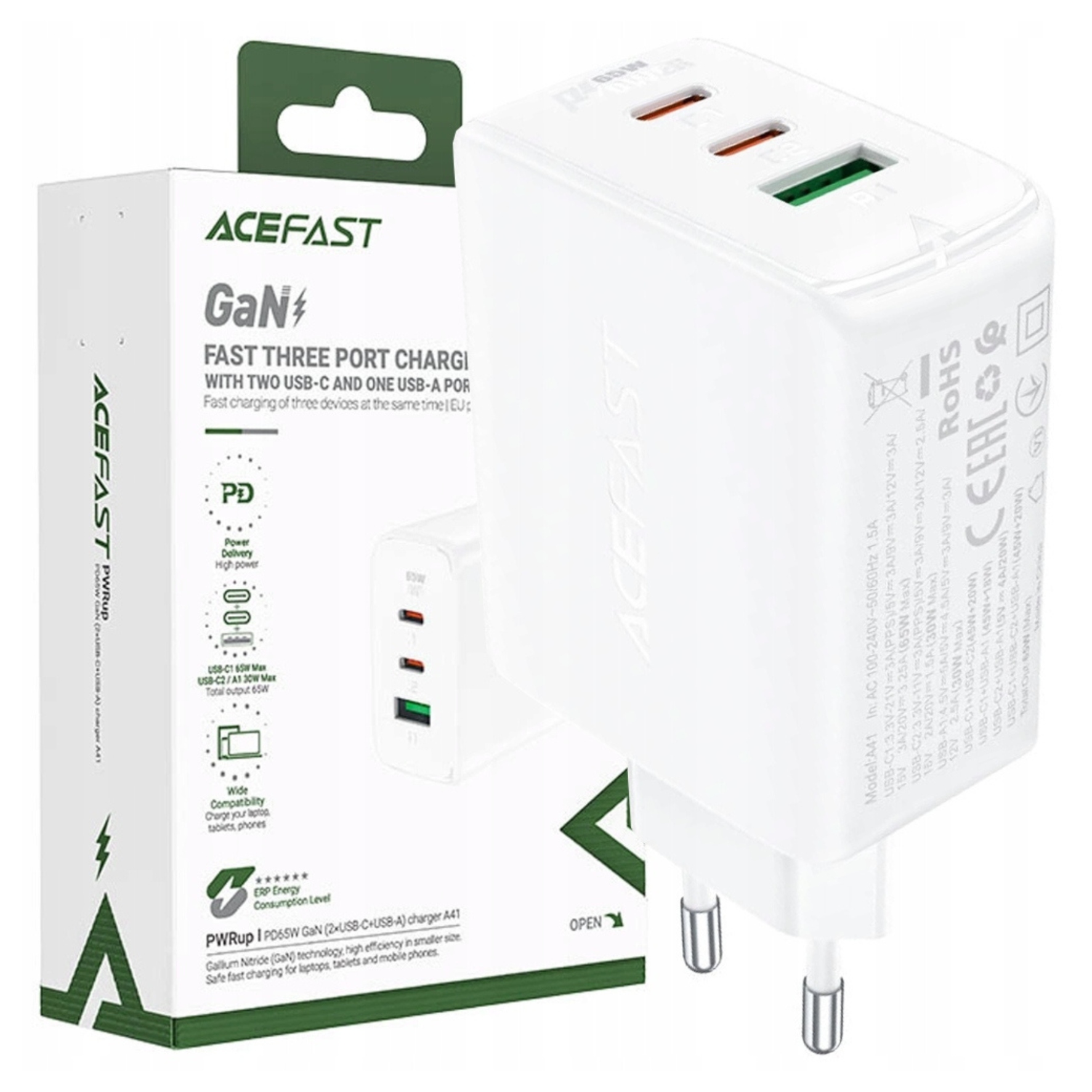 Acefast Ładowarka 65W 2X Usb-c Usb-a Do Pd Pps QC4+ Do Telefonów Smartfonów