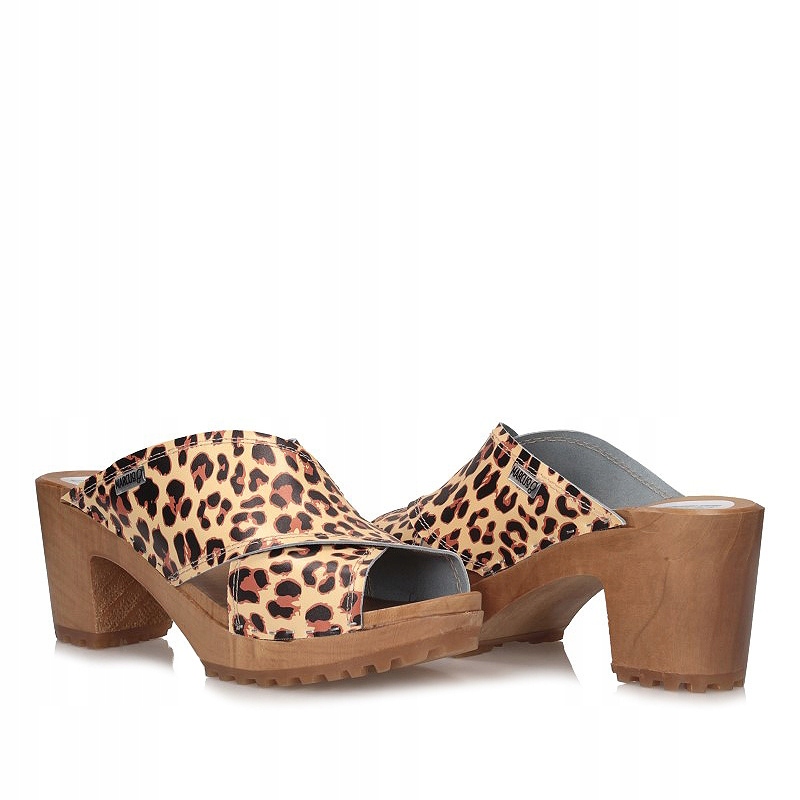 Drewniaki chodaki na obcasie Marcus panterka Wzór dominujący bez wzoru