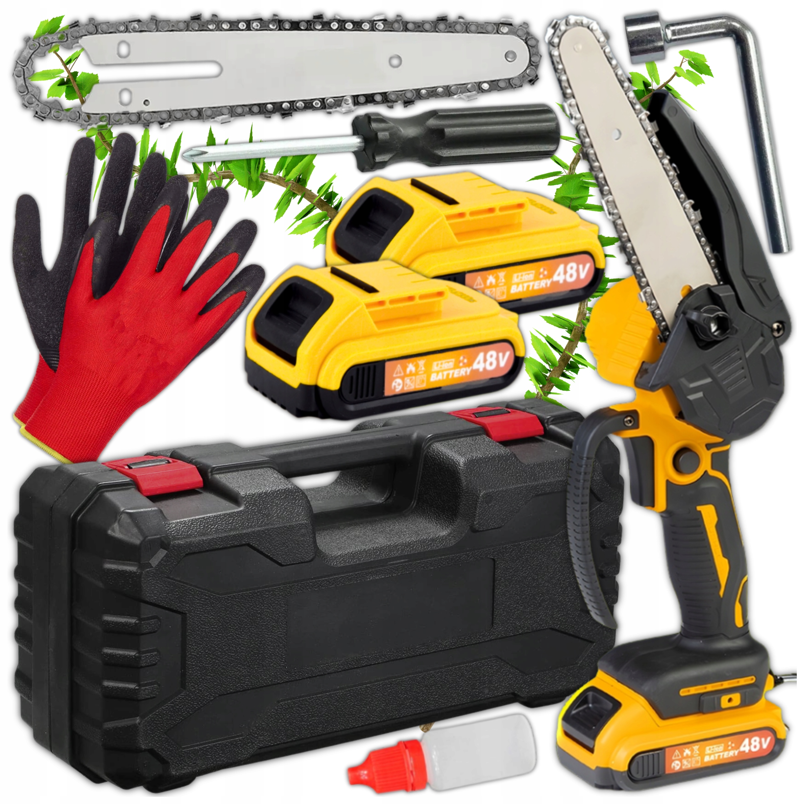 AKUMULATOROWA PIŁA ŁAŃCUCHOWA 6" Mini Pilarka Gałęziówka 2xaku 48V Zestaw