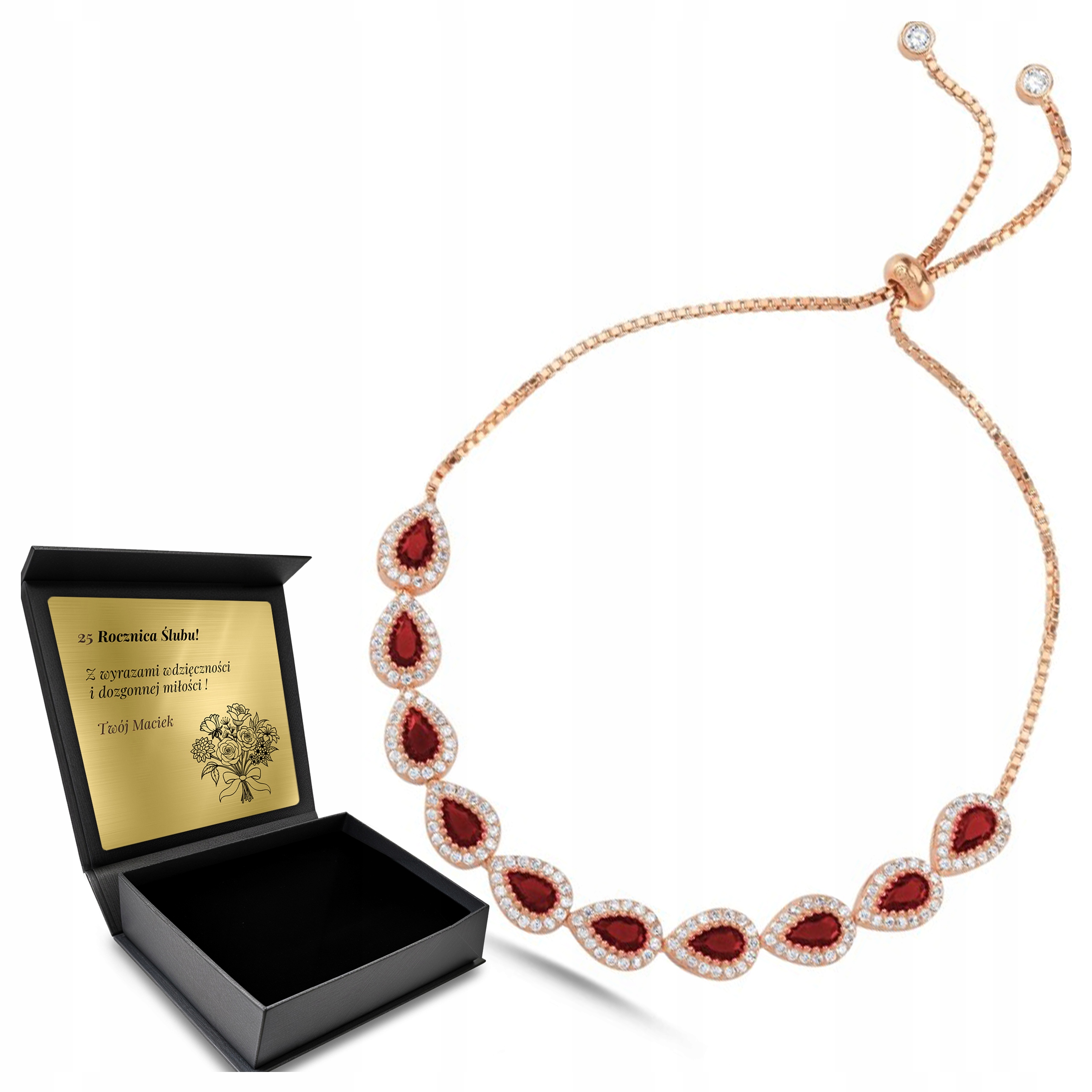 Stříbrný náramek Rubín Slza Šperky pro ženy Krásné Gravírování Bonus