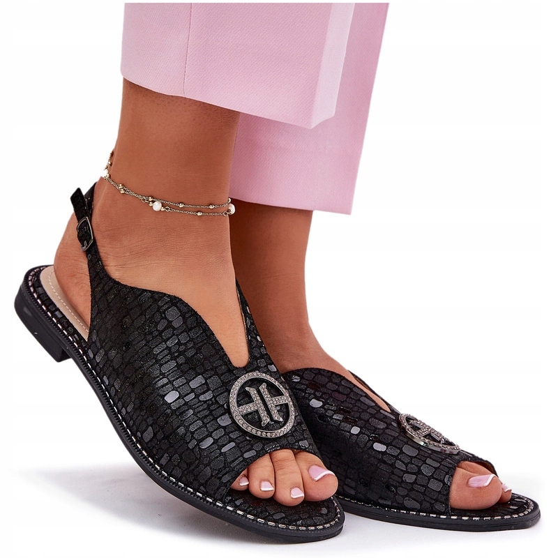 Dámské Ploché Kožené Sandály S Ozdobou S.barski KV51-094 Černé 41