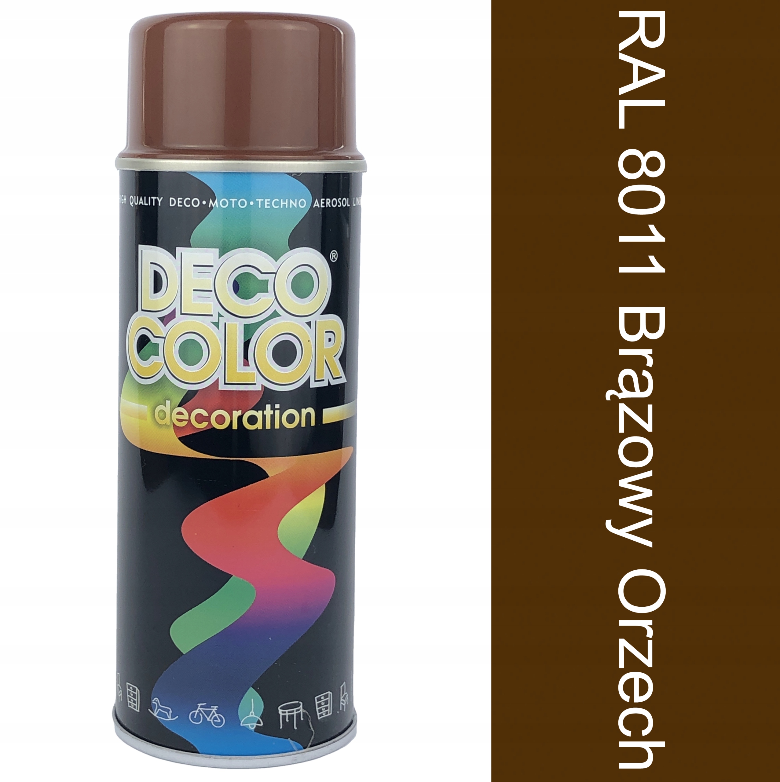 LAKIER W SPRAYU FARBA DO PLASTIKU METALU DREWNA SZKŁA CERAMIKI ORZECH 8011 Stan opakowania oryginalne