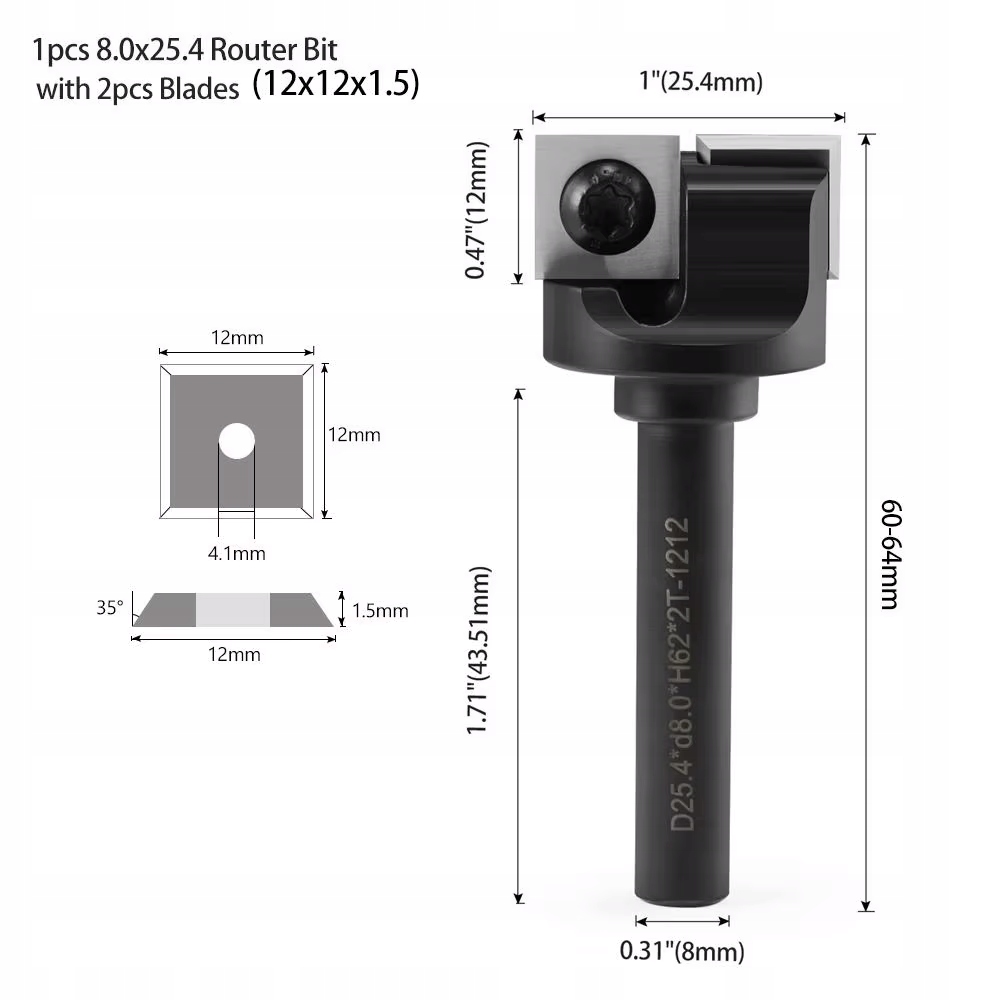 Přímá fréza na dřevo 2P stopka 8 mm průměr 25,4 x 12 vyměnitelné destičky