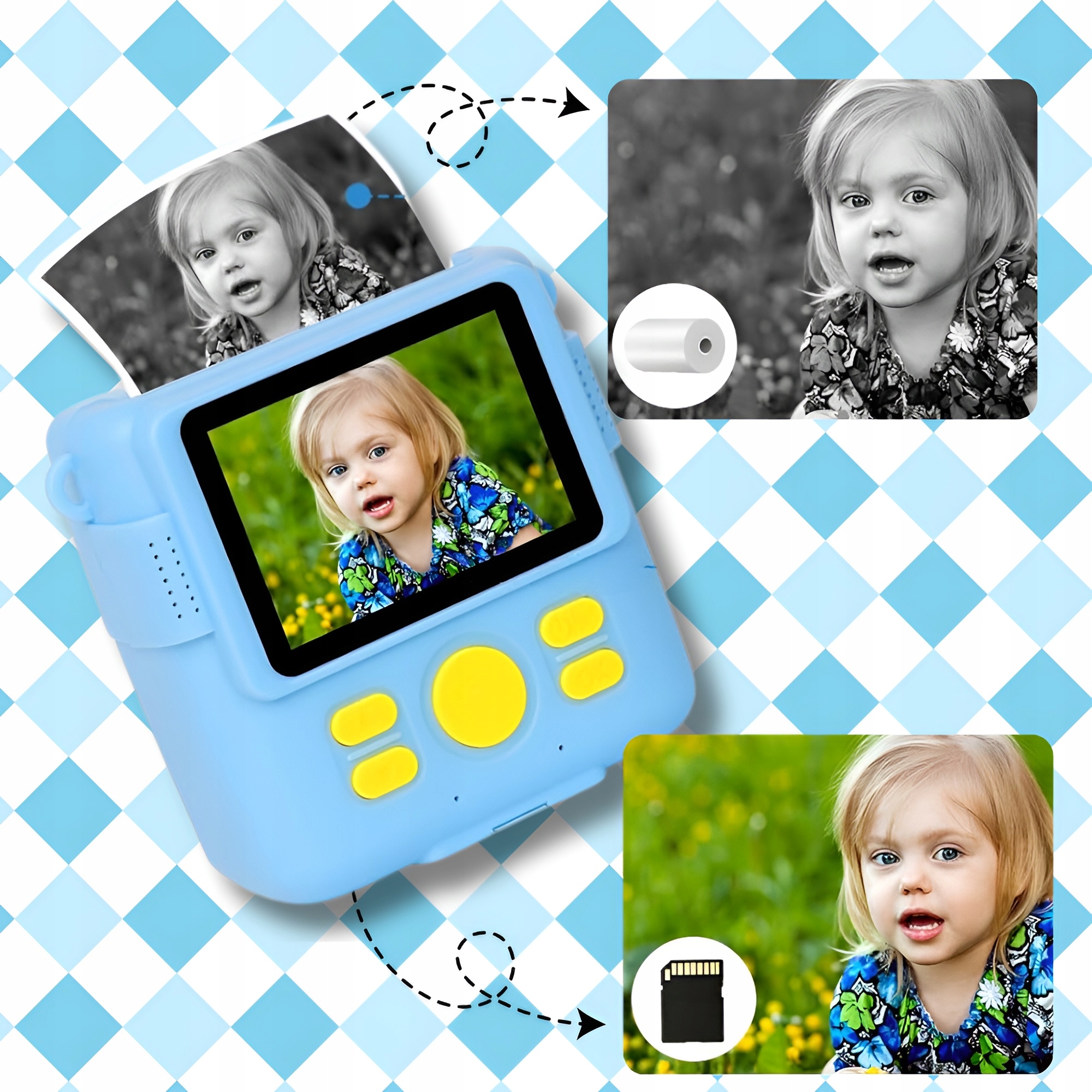 APARAT NATYCHMIASTOWY CYFROWY DLA DZIECI Z DRUKARKĄ + KARTA 32GB + 14 ROLEK Złącza micro USB