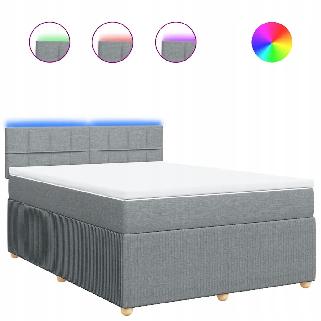 Kontinentální postel světle šedá 200 x 144 x 100,5 cm s Led světlem a topperem
