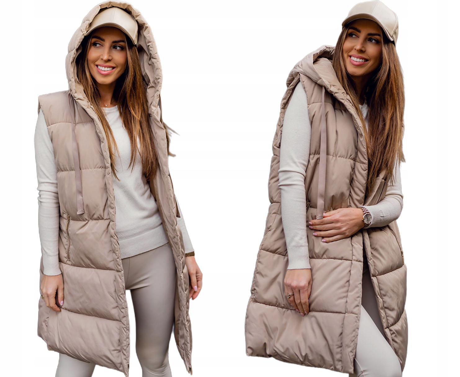 Oversize dlouhá prošívaná béžová vesta Denley Berenice velikost L/52
