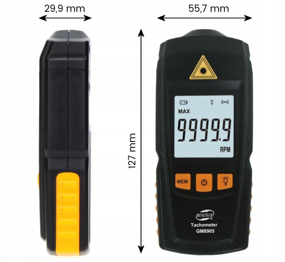 TACHOMETR LASEROWY MIERNIK OBROTÓW OBROTOMIERZ BENETECH 99999 RPM LCD CE Waga produktu z opakowaniem jednostkowym 0.58 kg