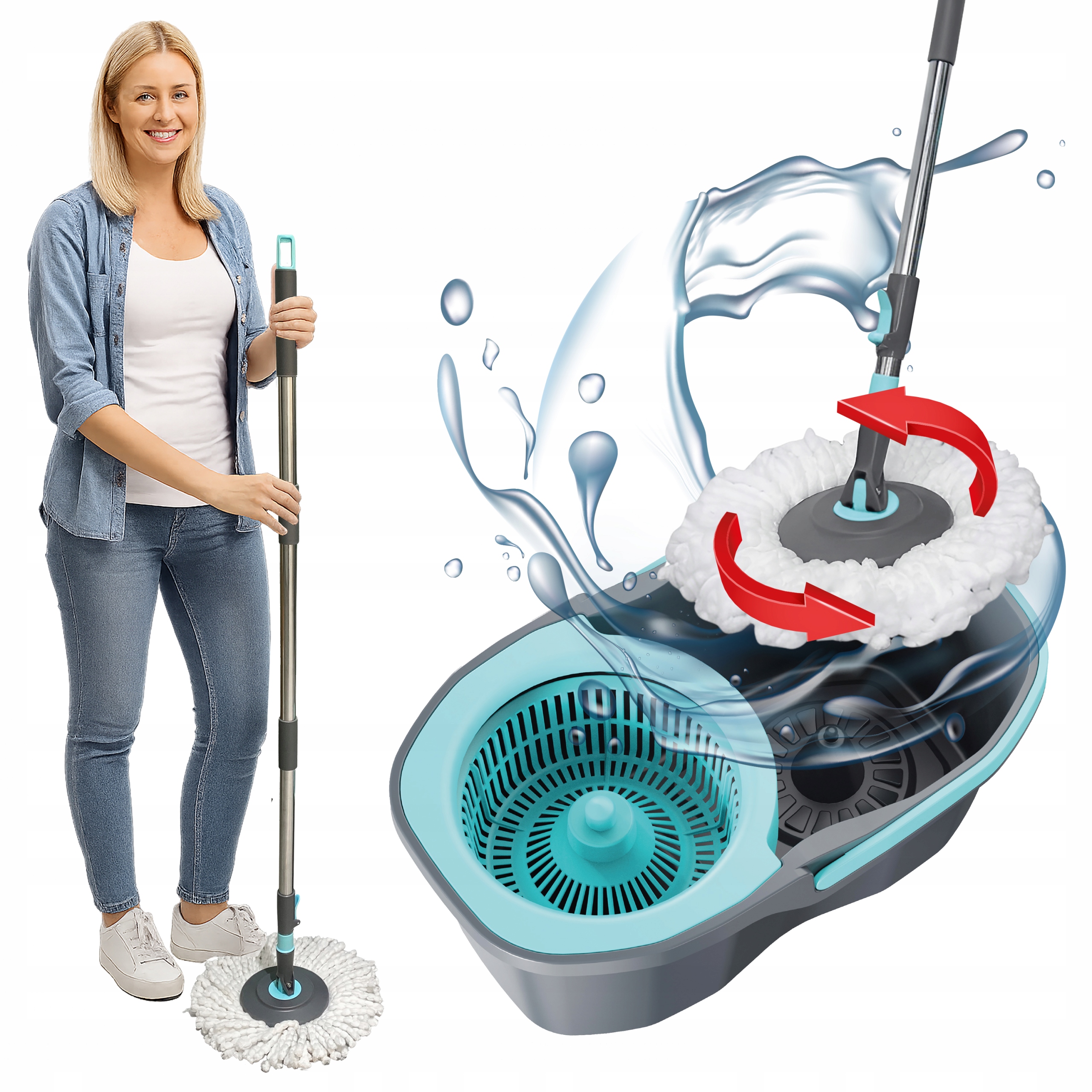 Mop Obrotowy Z Wiadrem Rotacyjny Teleskopowy Kij Z Mikrofibra Solidny 4,5L