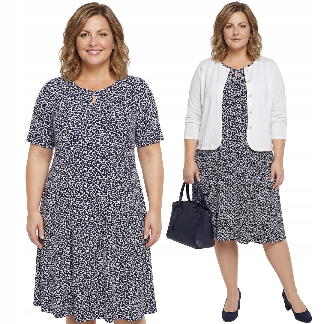 Tmavě modrá šaty s bílým vzorem a ozdobou plus size velikost 56