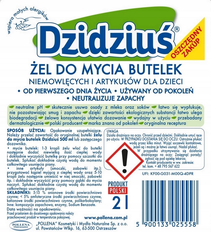 Dzidziuś żel do mycia butelek i artykułów dziecięcych 2l Zapas Marka Dzidziuś