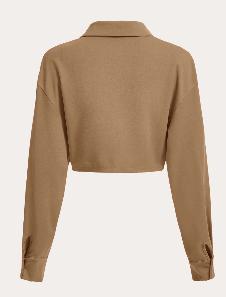 SHEIN BLUZKA DAMSKA BRĄZOWA DŁUGI RĘKAW 40/42 VXD Dekolt kołnierzyk