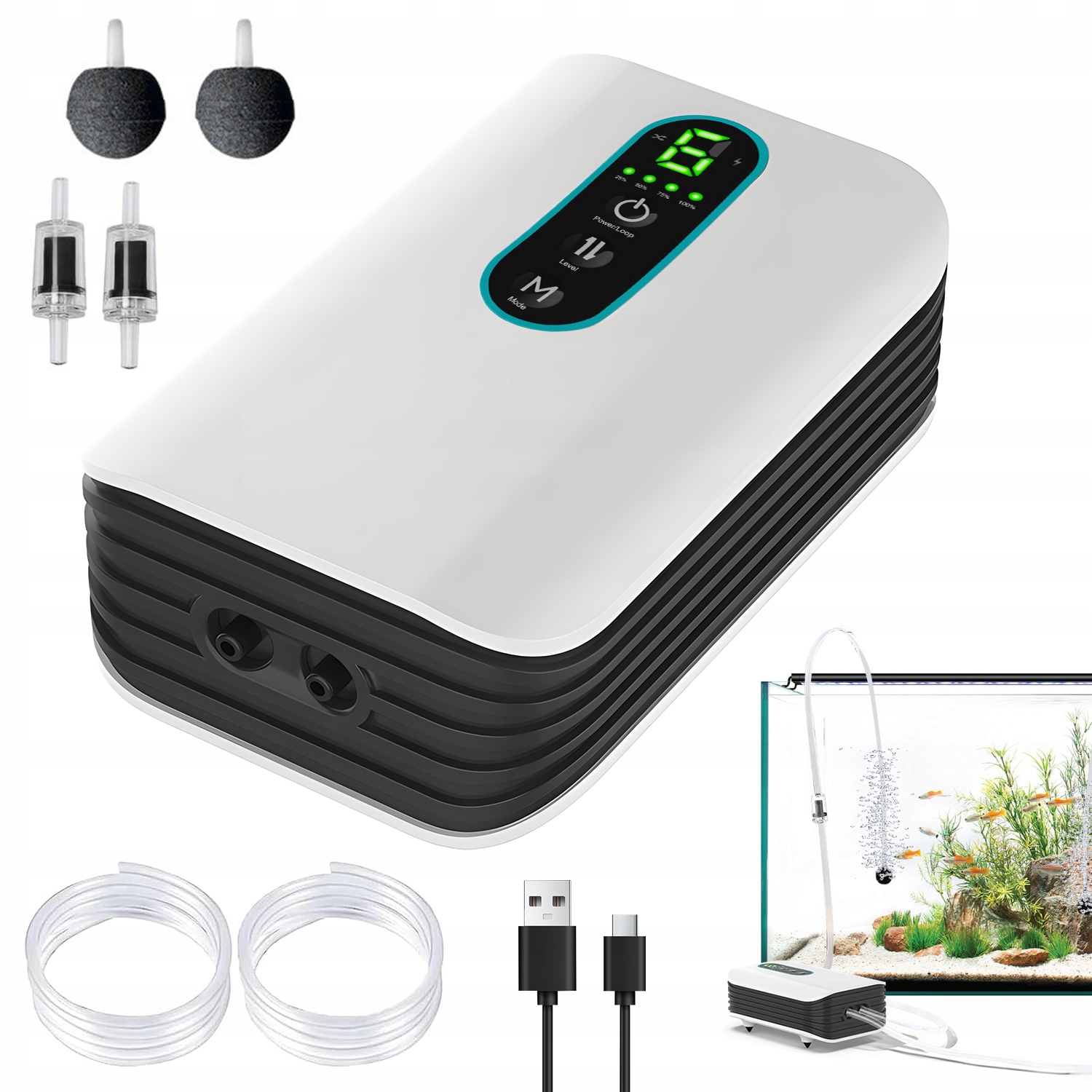 Levně Vzduchová Pumpa Do Akvária Se 2 Režimy Provozu, 6 Úrovní Průtoku 2600 Mah