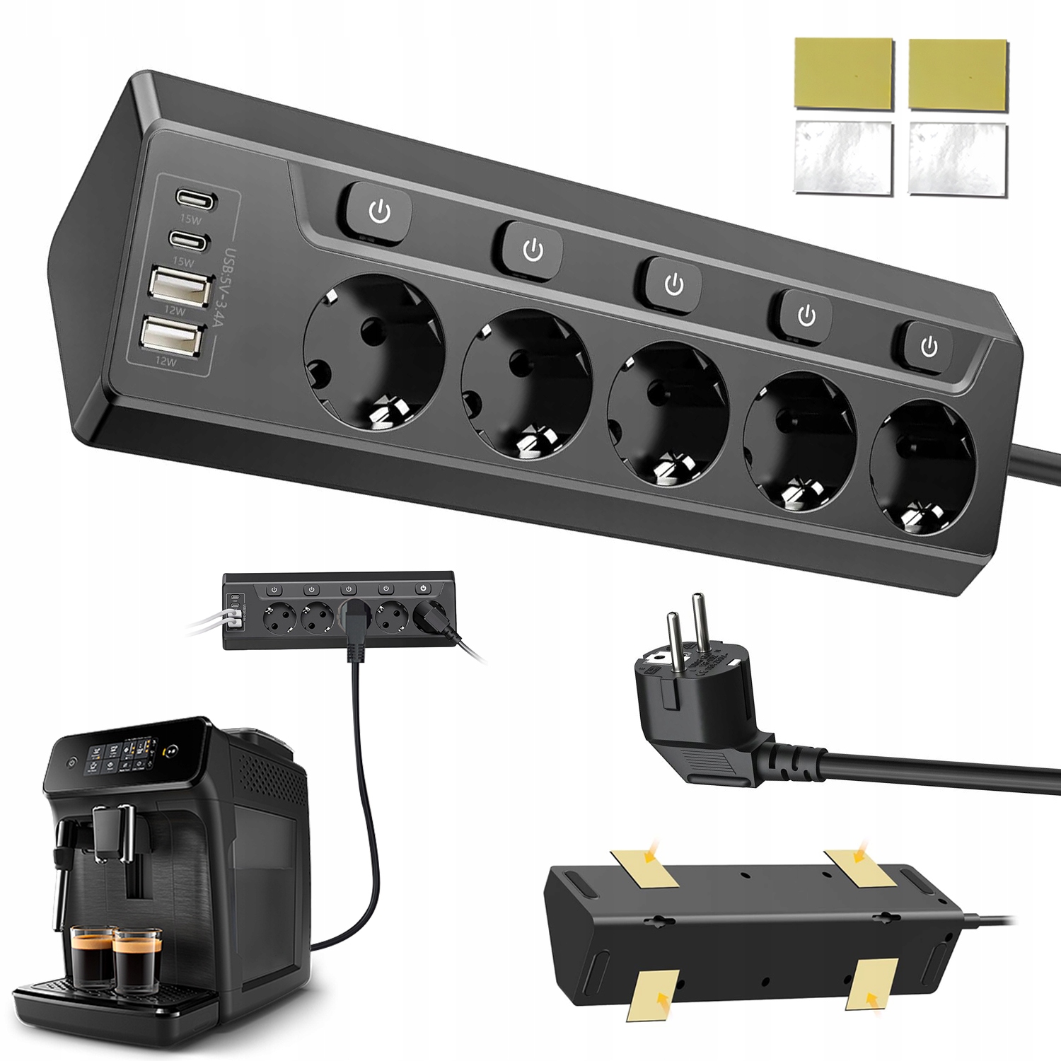Prodlužovací Kabel 4x Usb 5x Zásuvka 2 m Nabíječka Typ-c Černá Zásuvková Lišta
