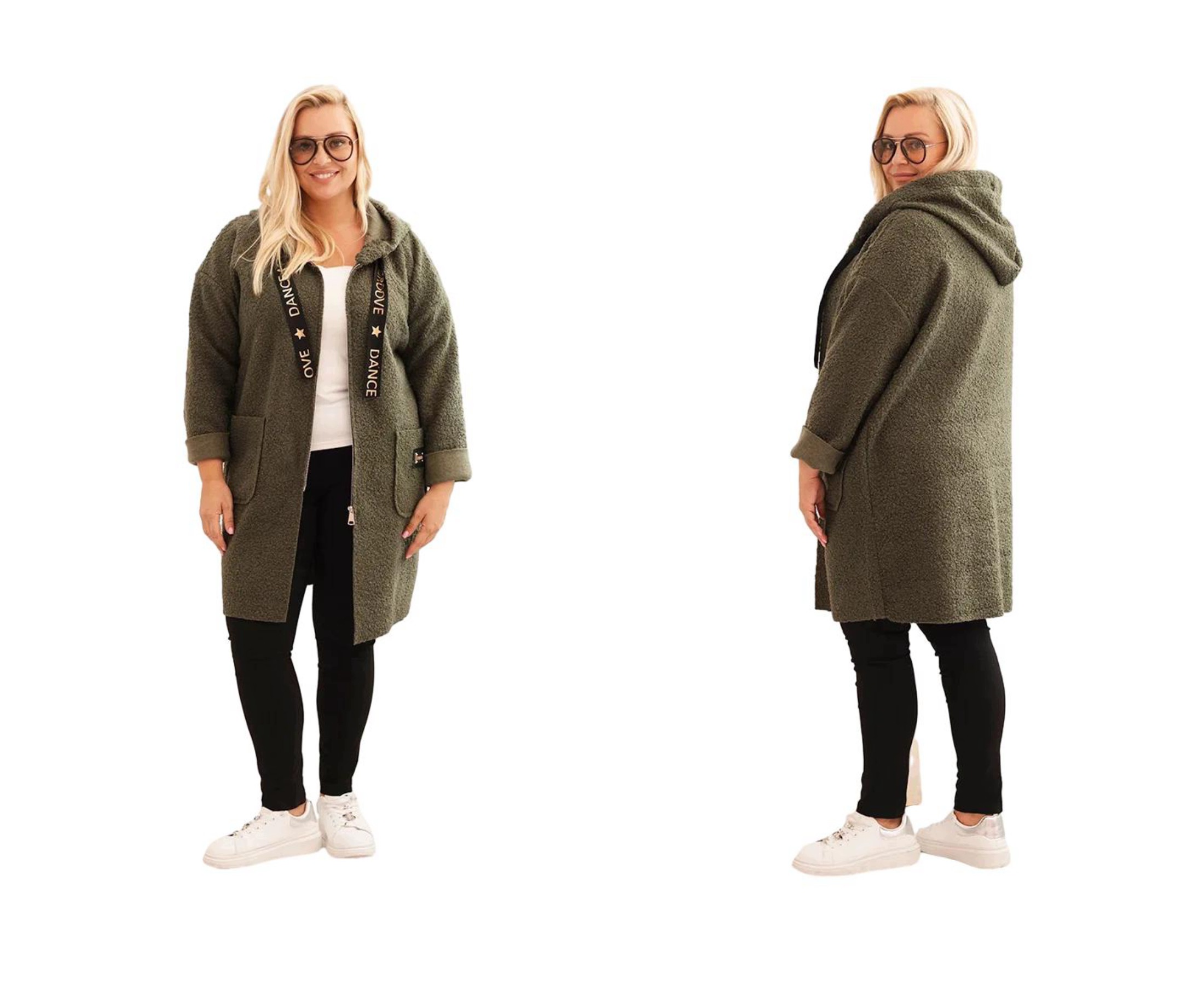 Dámský kabát beránek Plus Size s kapucí oversize teddy teplá khaki