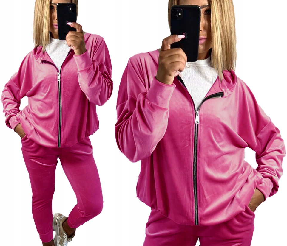 Teplákovka Dámský zapínací Tepláková Souprava Oversize Velurový s kapucí Fuchsiová 54