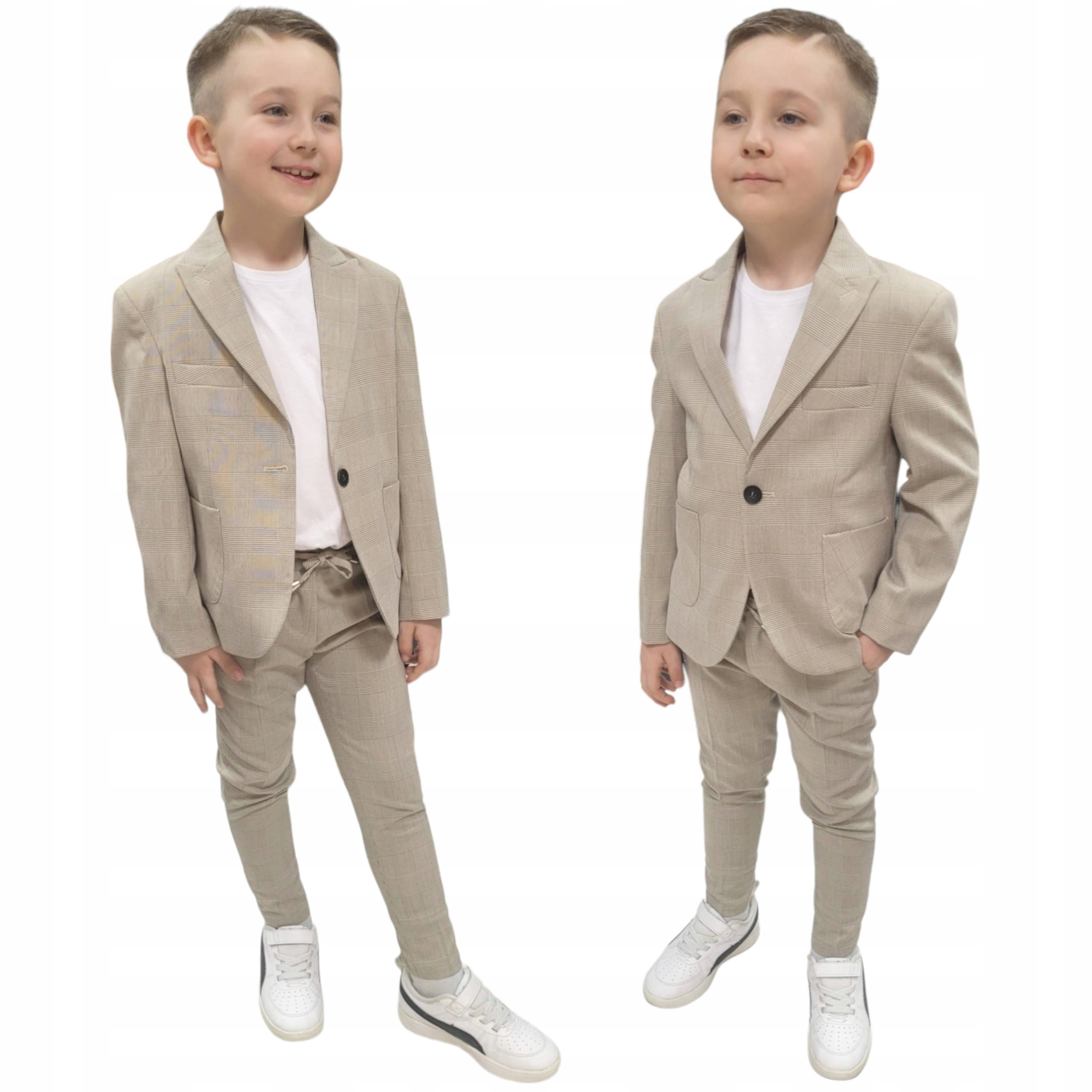 GARNITUR CHŁOPIĘCY ZESTAW BEŻOWA KRATA + KOSZULKA 146