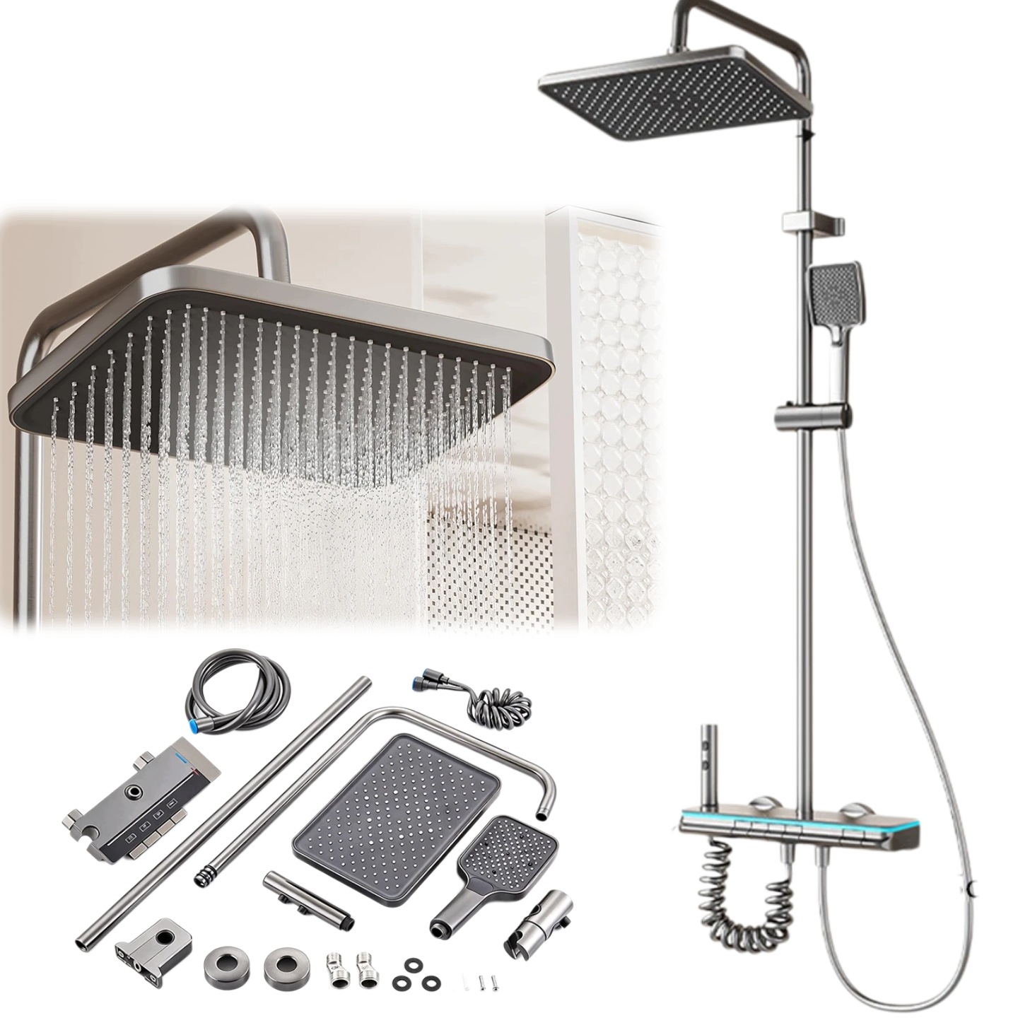 Stěnový sprchový sloup s Led termostatem a dešťovou sprchou 4V1