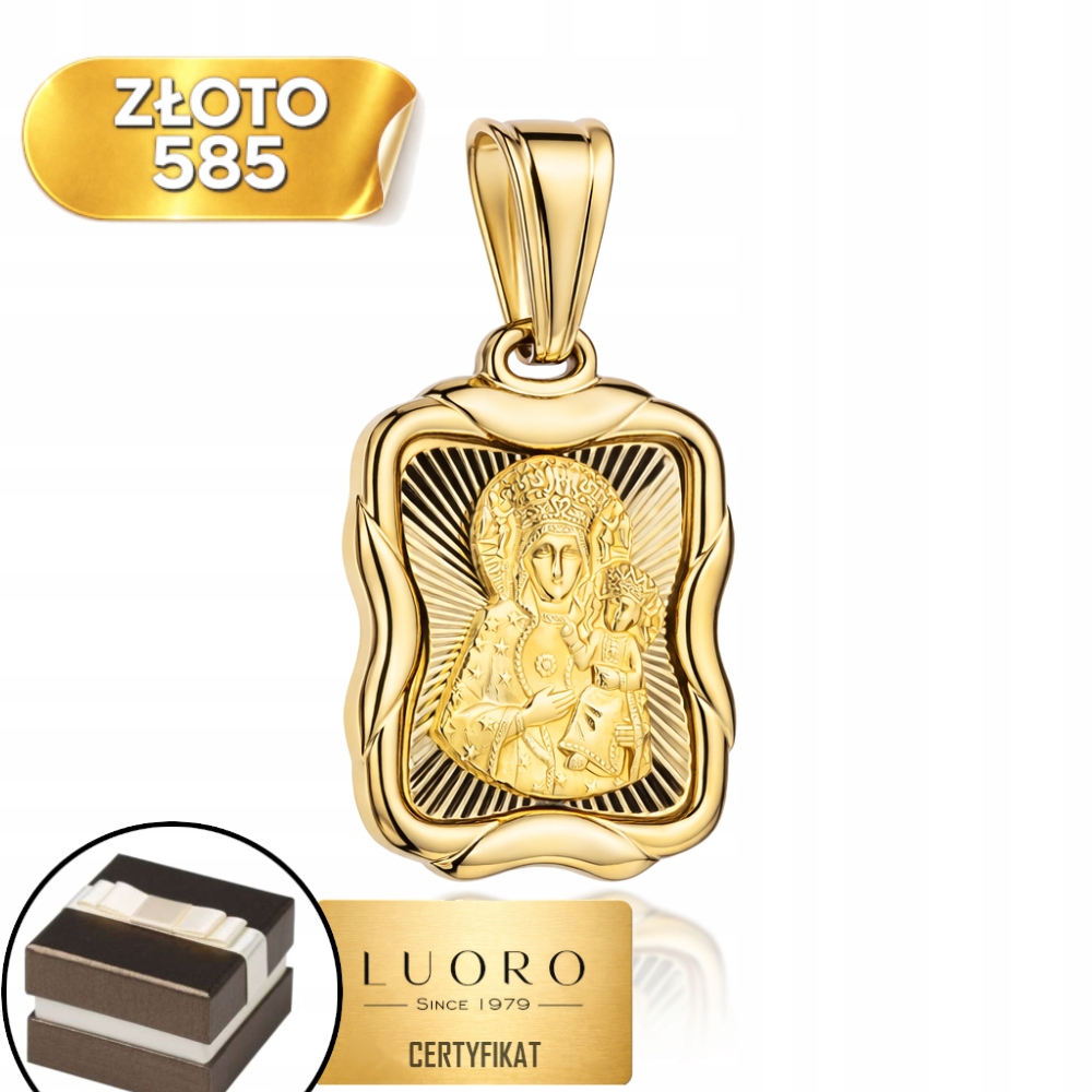 Zlatý Medailon 585 14K Panna Maria Čenstochovská Diamantový 29 CM