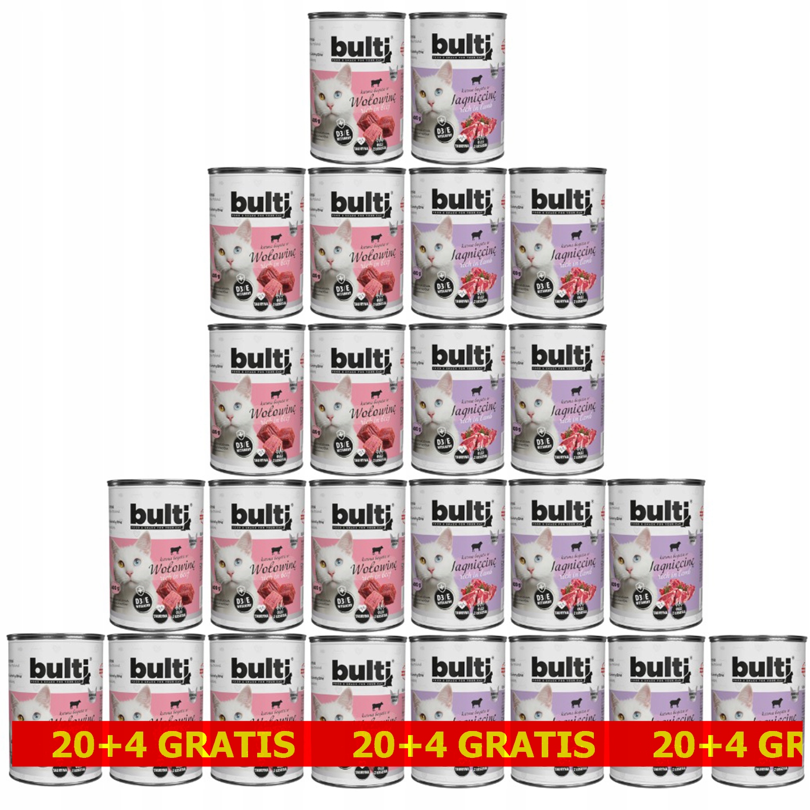 Levně Krmivo Mokré Pro Kočky Bulti Sada 24x400G Masový MIX Chutí 20+4 Bonus