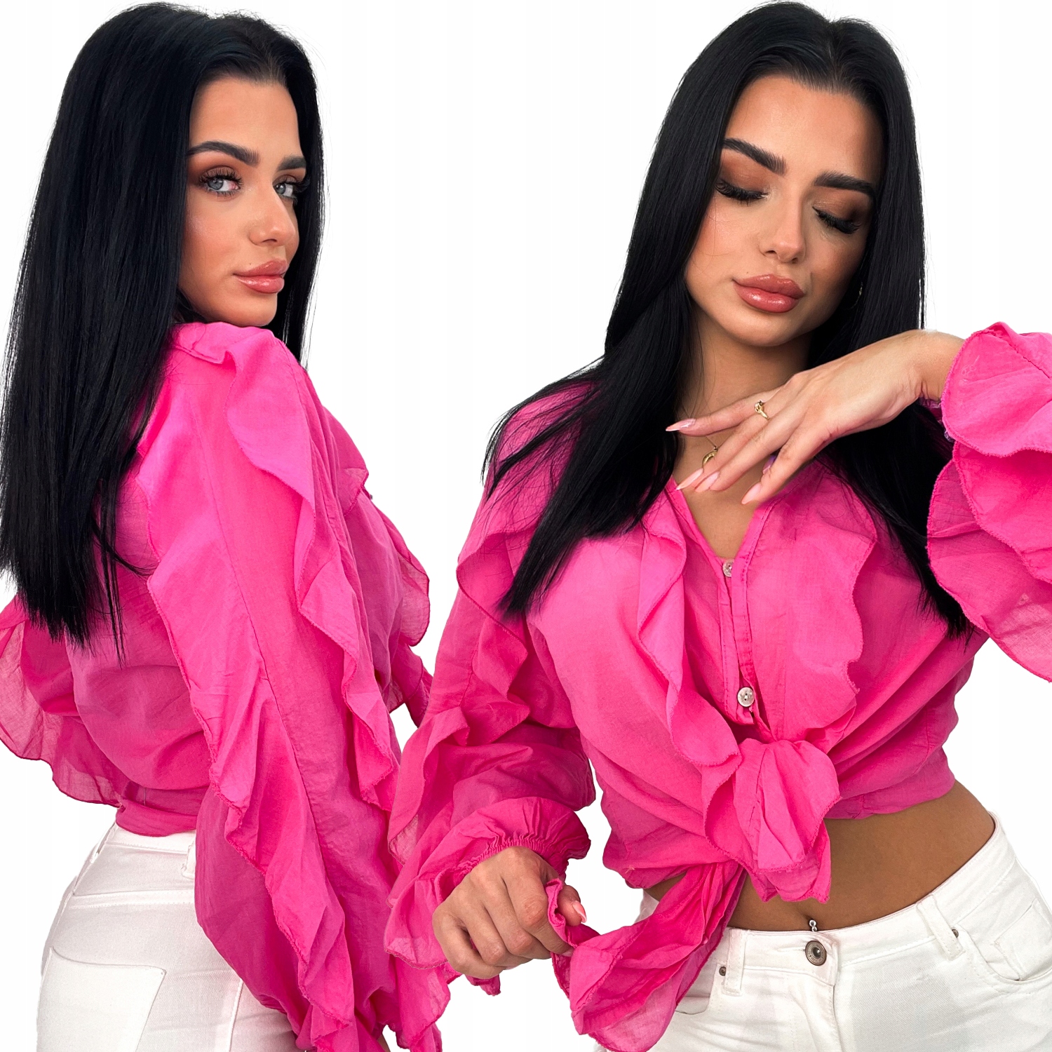 Bavlněná boho fuchsiová košile Carole s nastavitelným výstřihem a rukávy s gumičkou