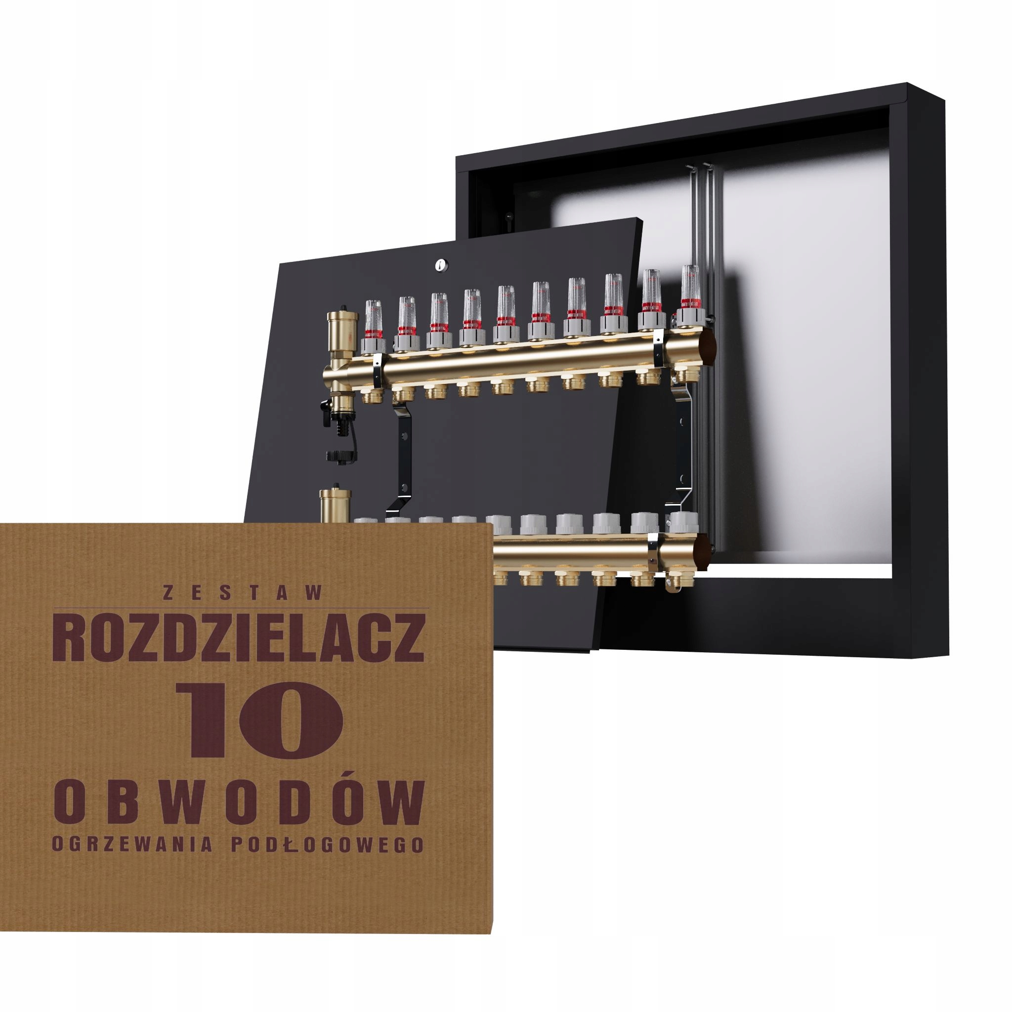 Rozdělovač na podlahu mosazný 10-okruhový a nástěnná skříňka černá