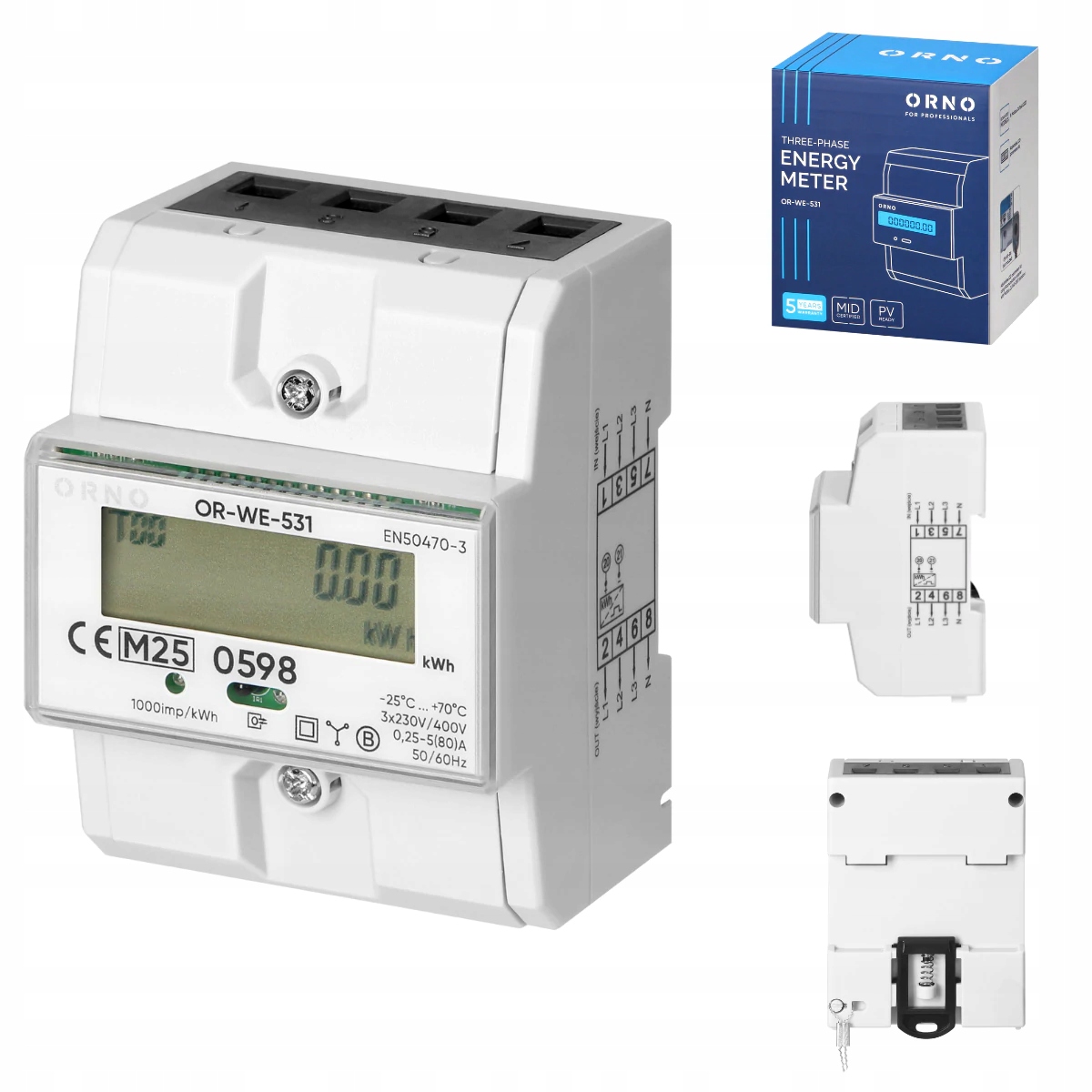 Elektroměr 3-fázový wattmetr na Din lištu Orno OR-WE-531