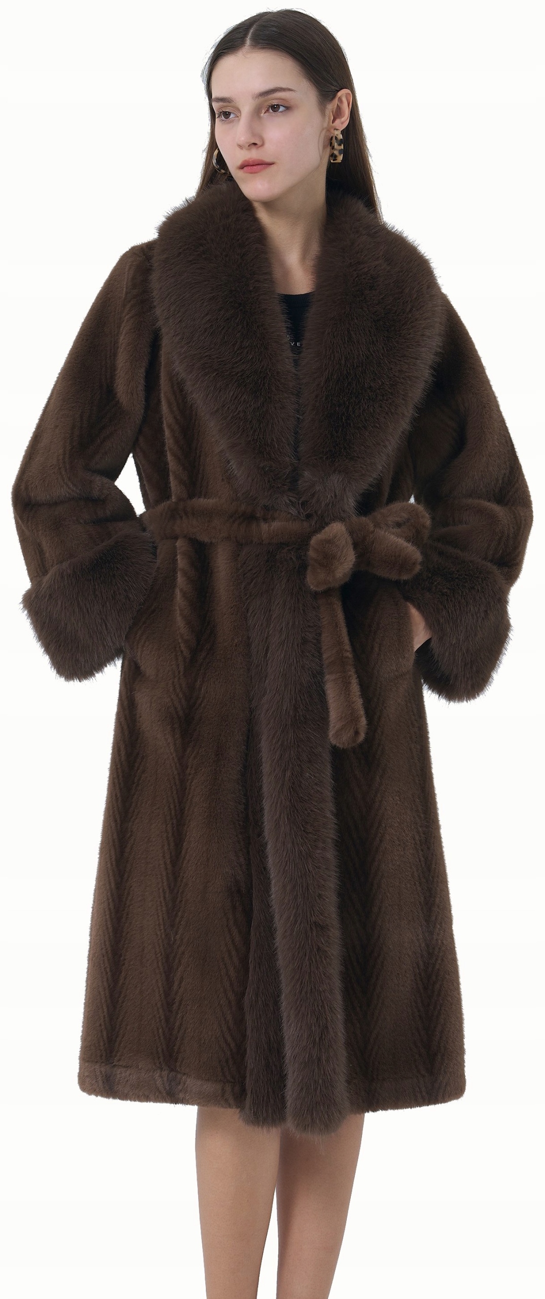 Dámský Zimní Kabát Kožešina teplý silný dlouhý za koleno elegantní hnědý