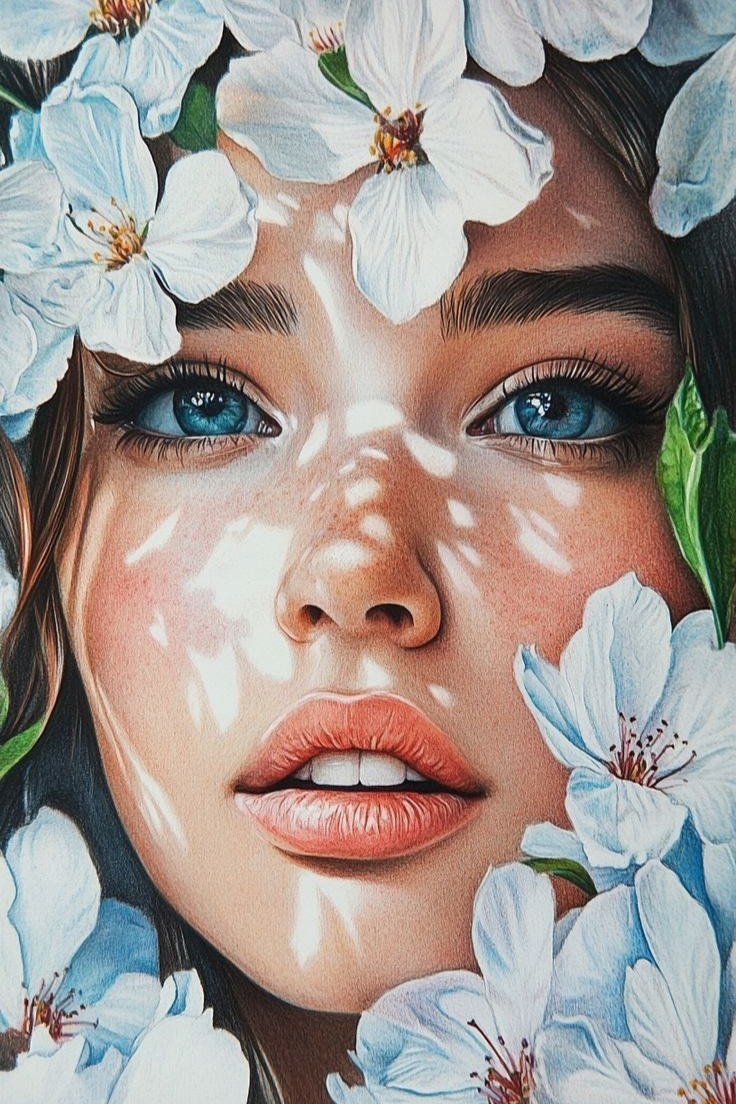 Diamantová výšivka Žena Květiny Bílé Portrét Tvář Dívka Velká 40x60cm