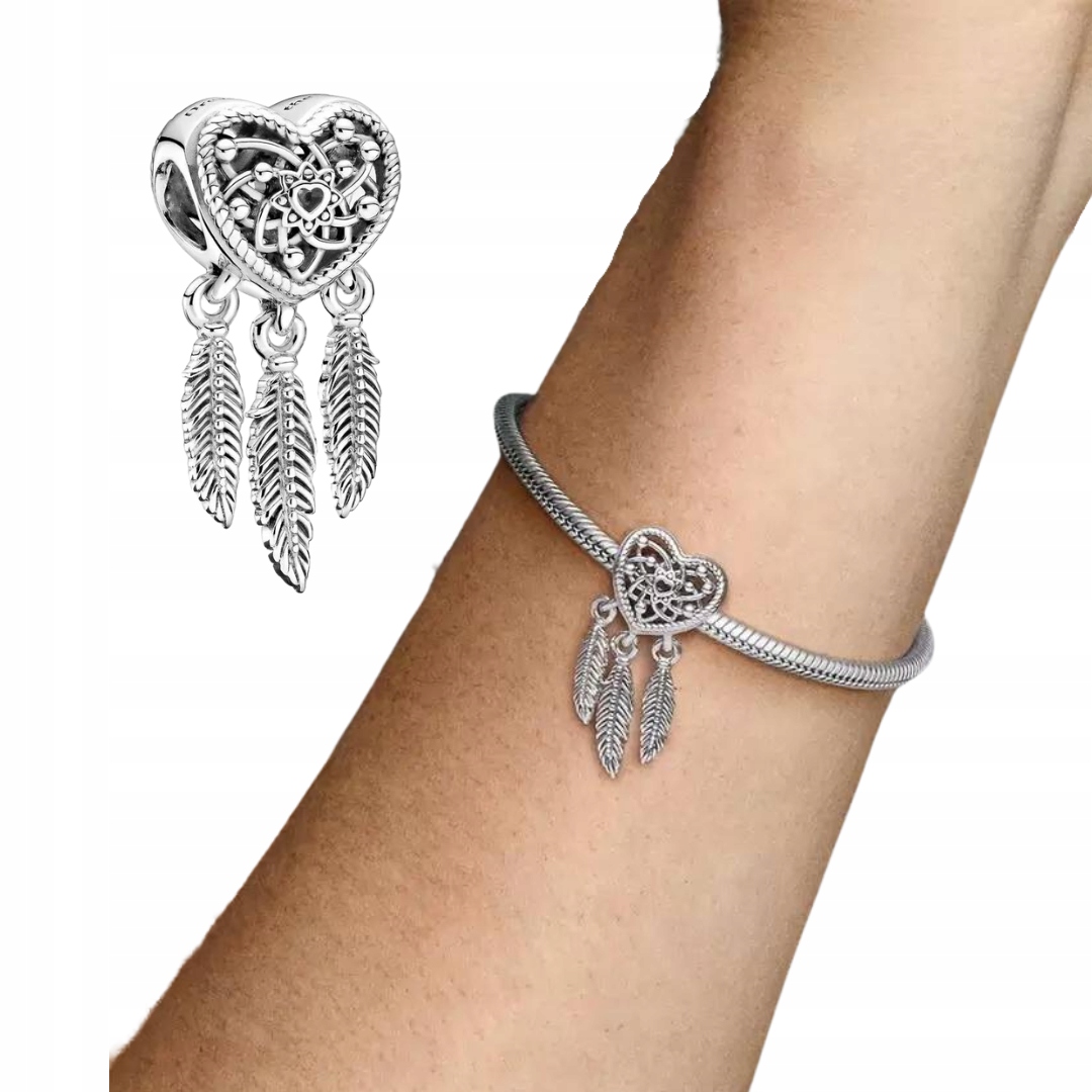 CHARMS ZAWIESZKA ŁAPACZ SNÓW SERCE + WORECZEK Materiał posrebrzany