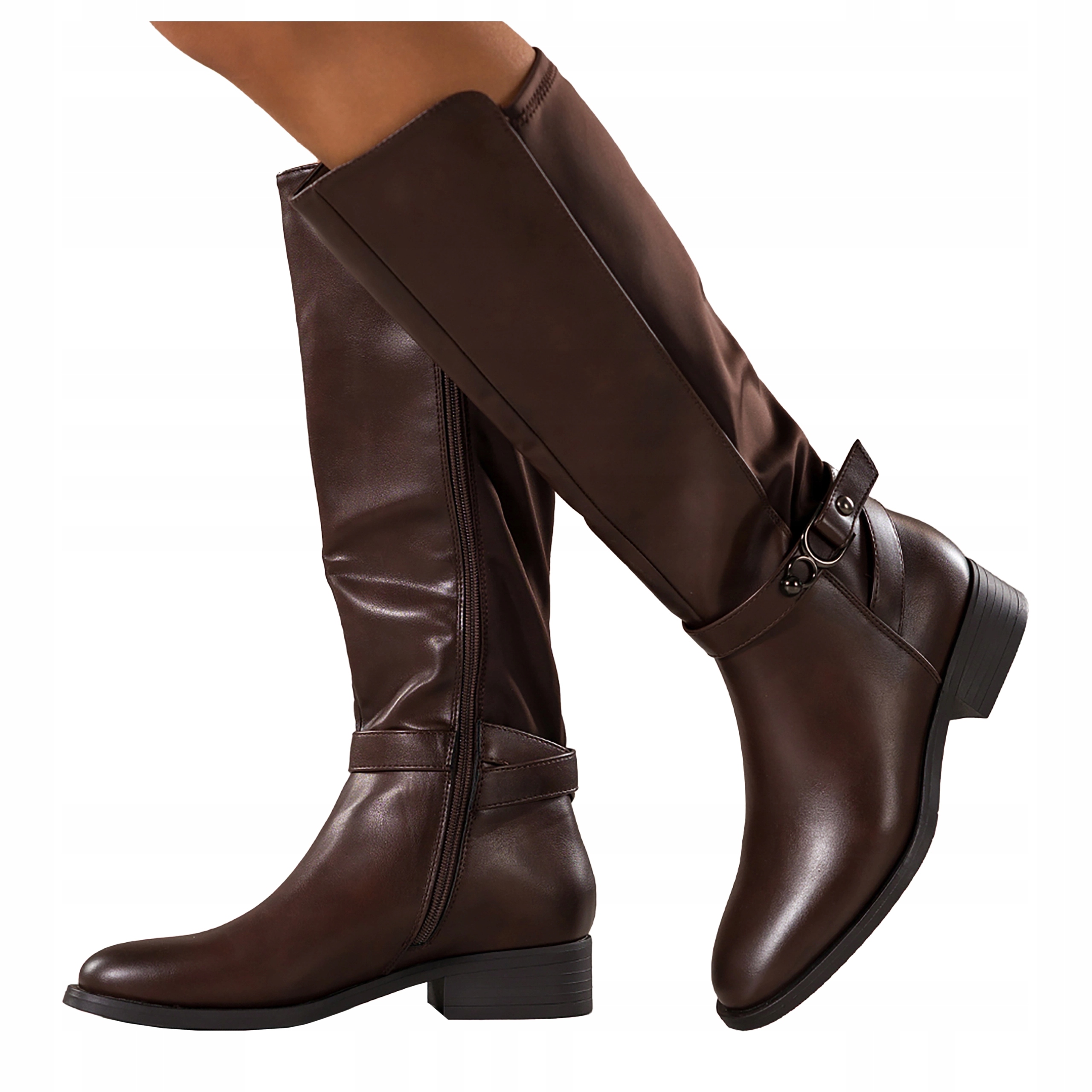 Čokoládové Kozačky Dámské Pohodlné Na Klocku Pásek S Ozdobou Modne r 36