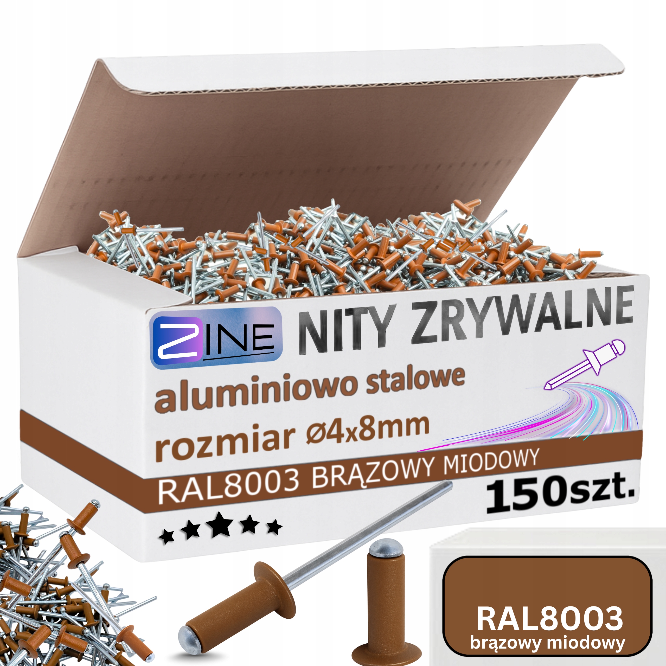 Nity Zrywalne 4x8mm Brązowy Miodowy Kolor Ral 8003 Brązowe Zine 150 sztuk
