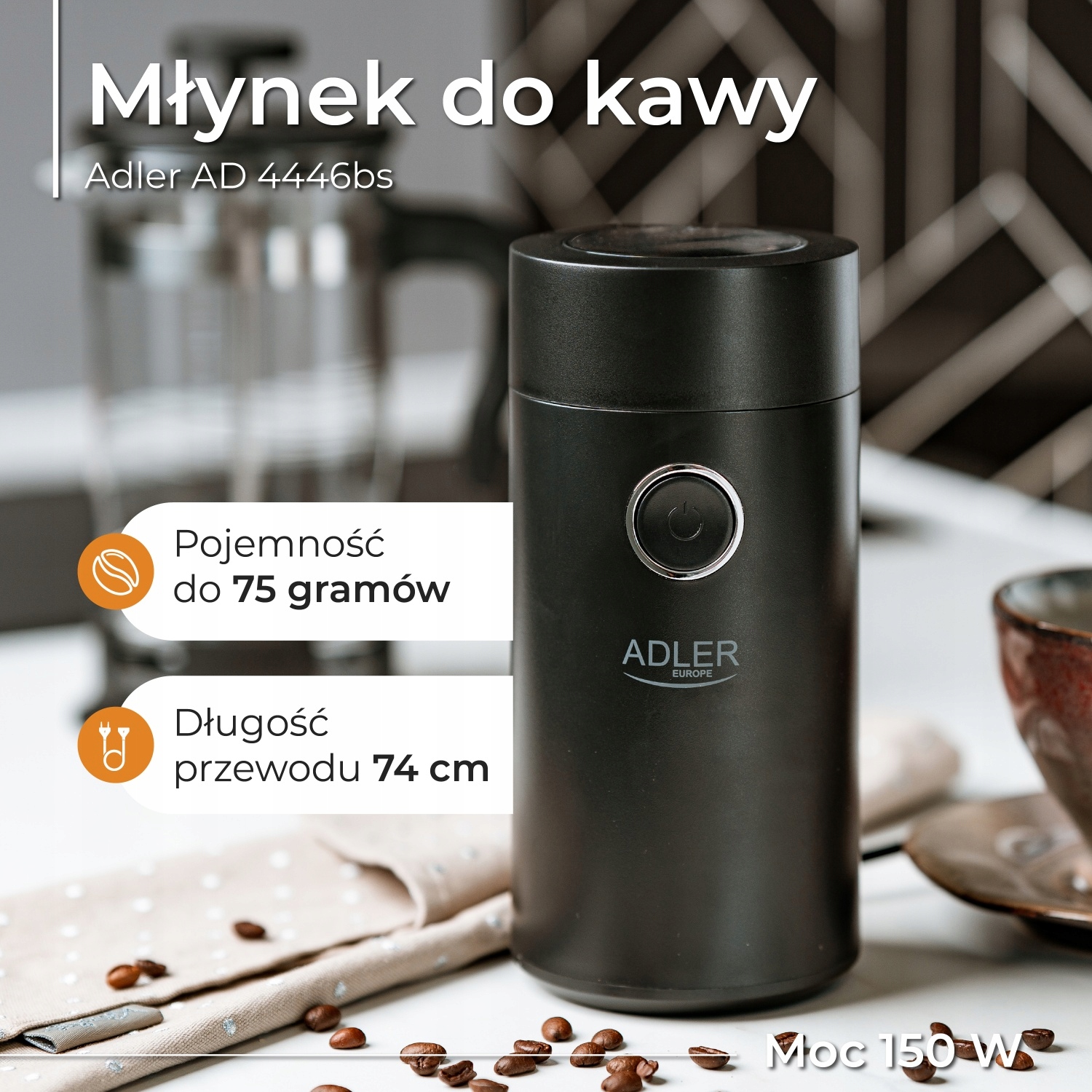 Młynek do kawy Adler AD 4446 Black Silver 150W Pojemność 75g