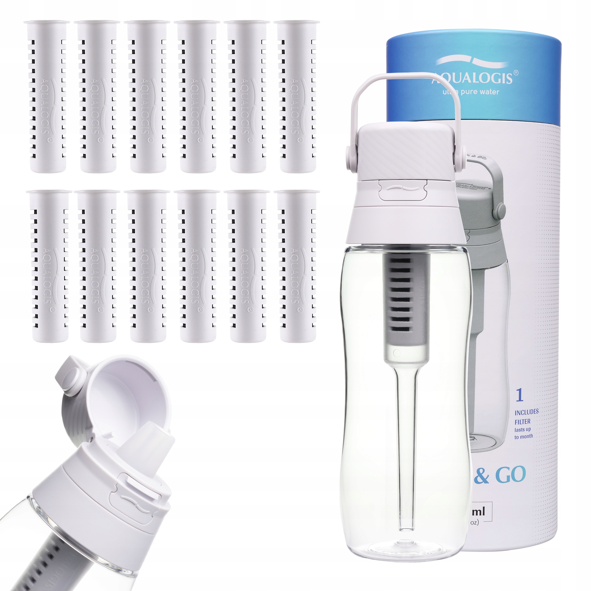 Filtrační láhev Aqualogis Aqua&Go 500 ml bílá s 12 filtry