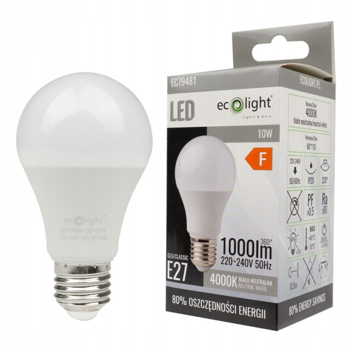 Żarówka Ecolight LED E27 10W 900lm 4000K kulka biała neutralna