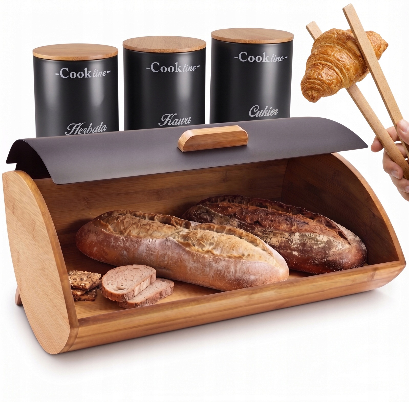 Černý chlebník Cook Line sada nádob Čaj Káva Cukr Kleště