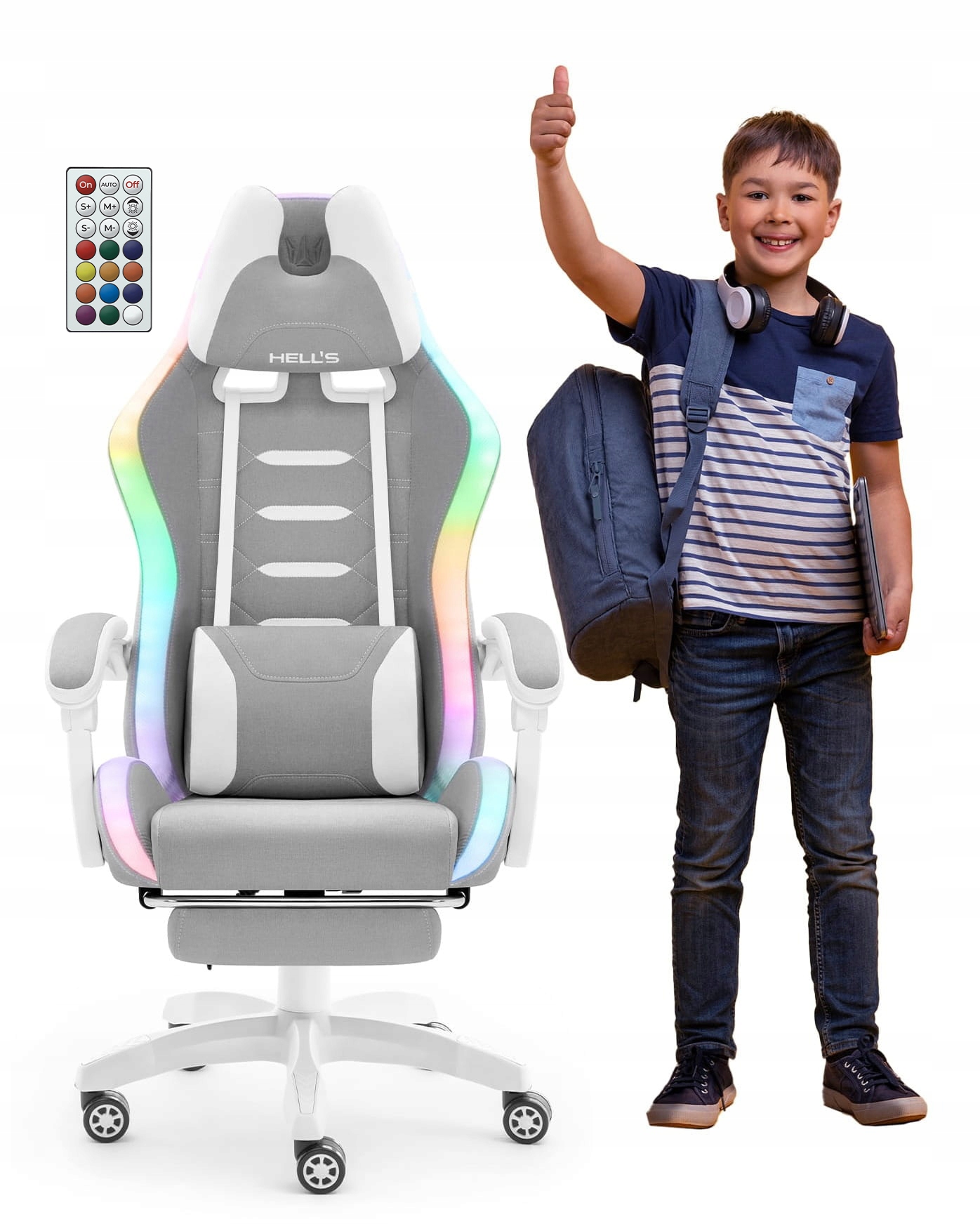 Fotel Gamingowy Dla dzieci Hell's Chair HC-1039 2.0 Grey Led z podnóżkiem