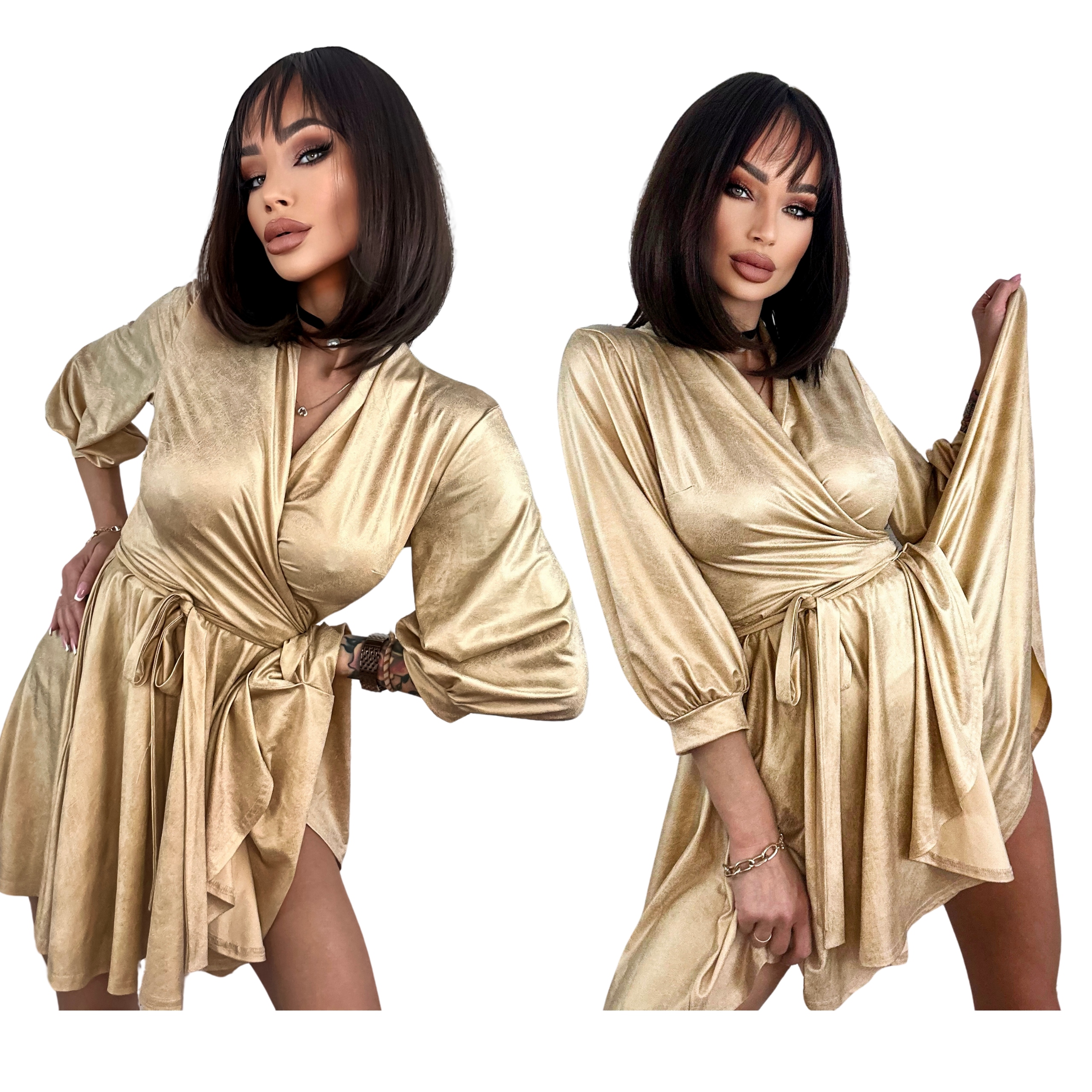 Šaty prošívaná obálková mini zlatá S49 Xs/s