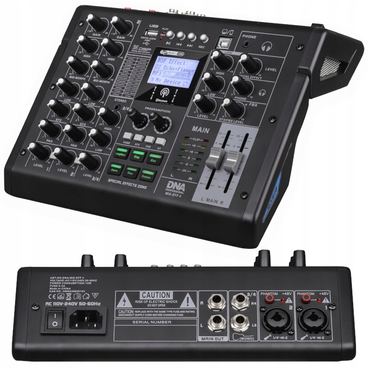 Mikser Analogowy Audio 4 Kanałowy Dsp Eq Efekty Usb MP3 Bluetooth +48V