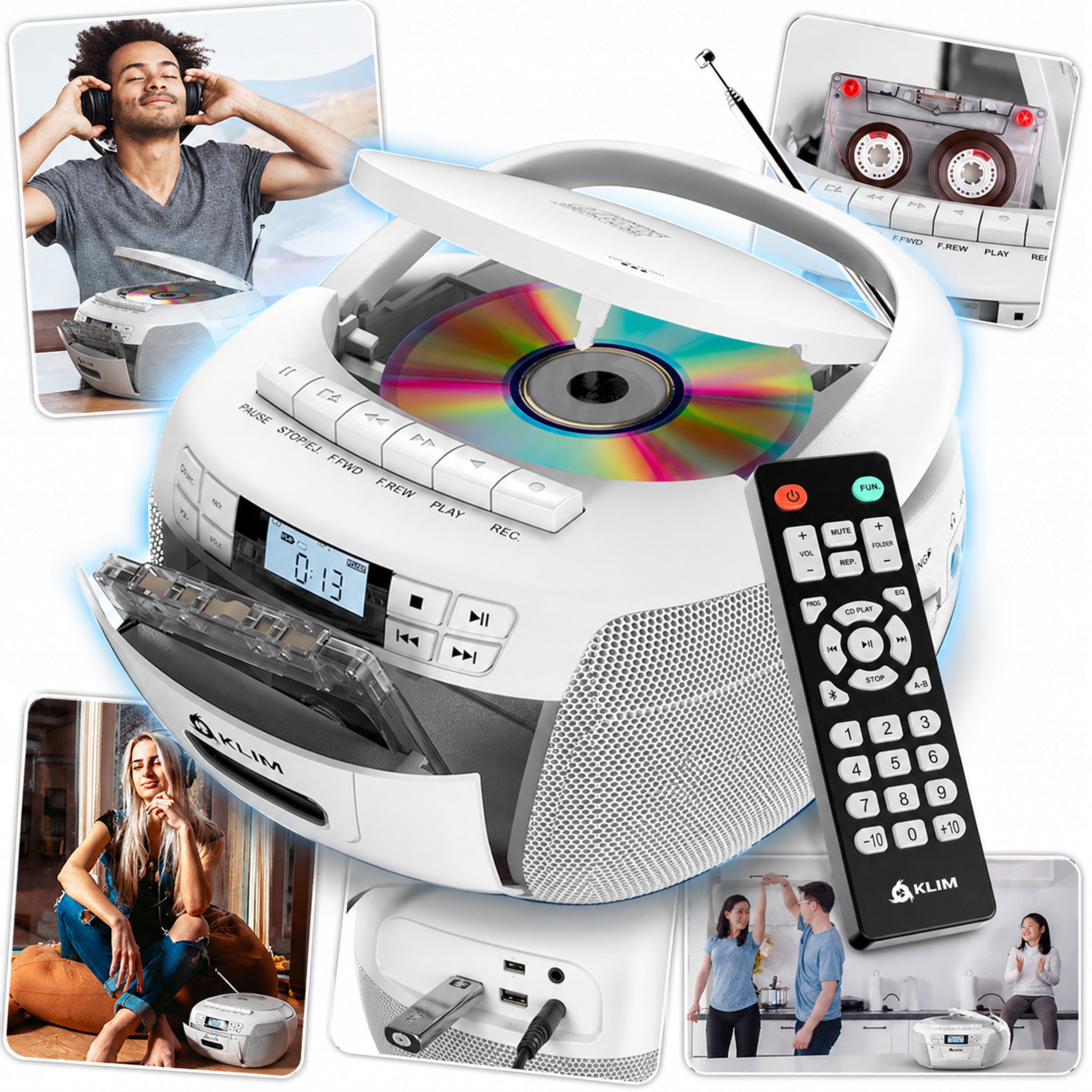Odtwarzacz CD Kasetowy Boombox Radio Am/fm Bluetooth 5.1 Usb Stereo Biały