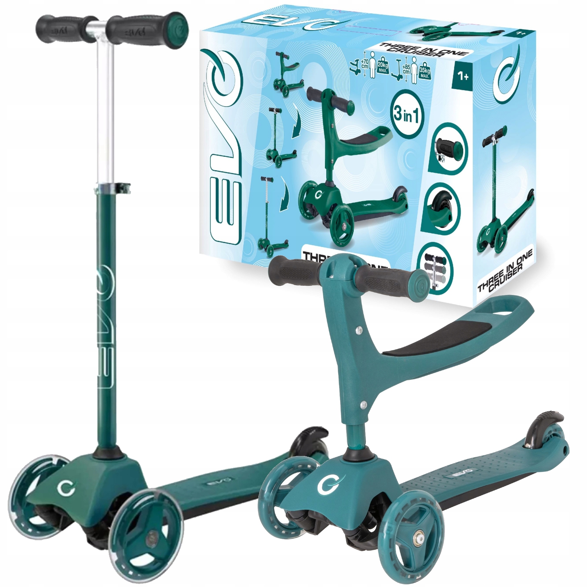 Hulajnoga/jeździk Dla Dzieci 2W1 Regulowana Trójkołowa Ciemnozielona 1-8 L