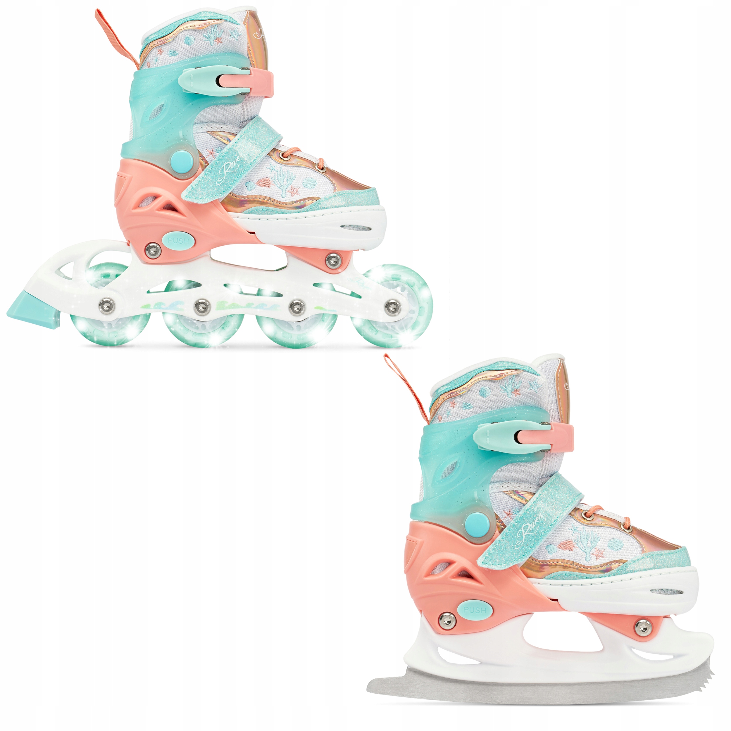 Rolki Łyżwy figurowe 2w1 Regulowane Raven Isla Orange/Mint 34-37 Kółka Led